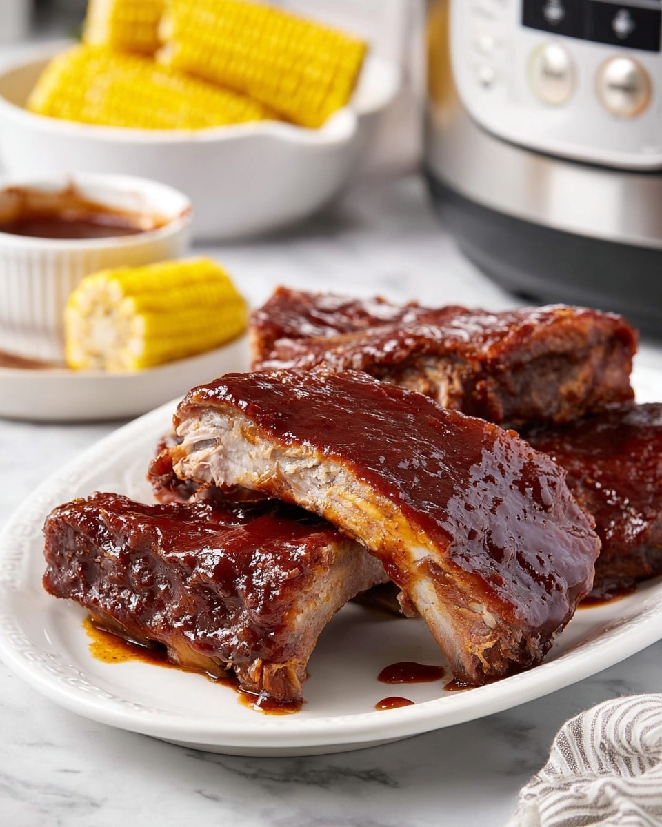 A white oval plate holds a small pile of ribs covered in thick, glossy, dark red barbecue sauce, with one rib showing a light brown inside and bone exposed. The ribs have a rich, sticky texture with sauce dripping slightly off the edge of the plate, which rests on a white marbled surface. In the background, a white bowl filled with yellow corn on the cob is partially visible, along with part of a silver slow cooker and a white container with barbecue sauce. The scene is softly lit, emphasizing the shiny, saucy ribs. Photo taken with an iphone --ar 4:5 --v 7
