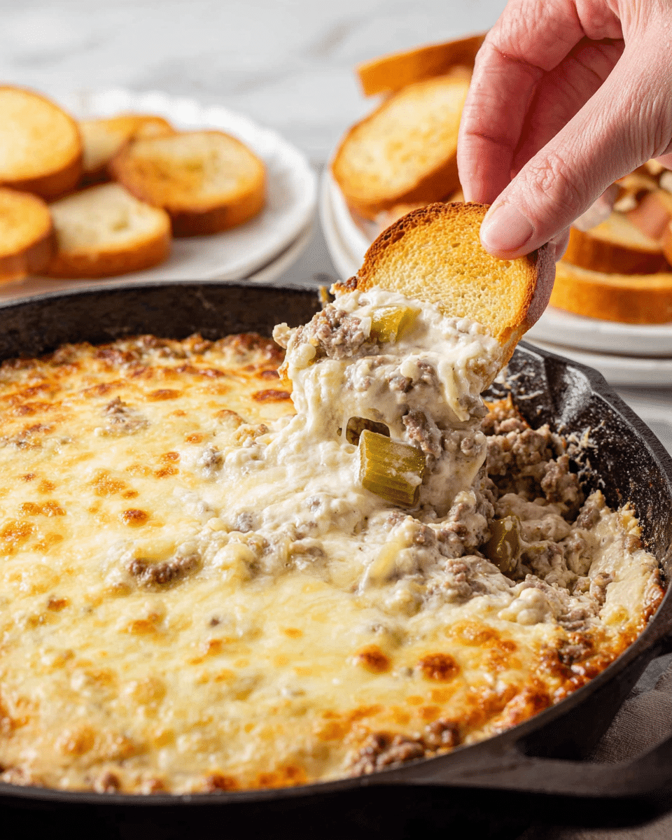 A close-up view of a black skillet filled with a creamy, cheesy dip. The top layer is smooth melted cheese, bubbly and golden brown in spots. Underneath, a thick mixture of ground meat, diced onions, and chopped pickles creates a chunky beige layer with bits of green. A woman's hand is dipping a toasted round bread slice with a golden crust into the dip, picking up a generous scoop. In the background, there is a white marbled surface with more toasted bread slices on white plates. photo taken with an iphone --ar 4:5 --v 7
