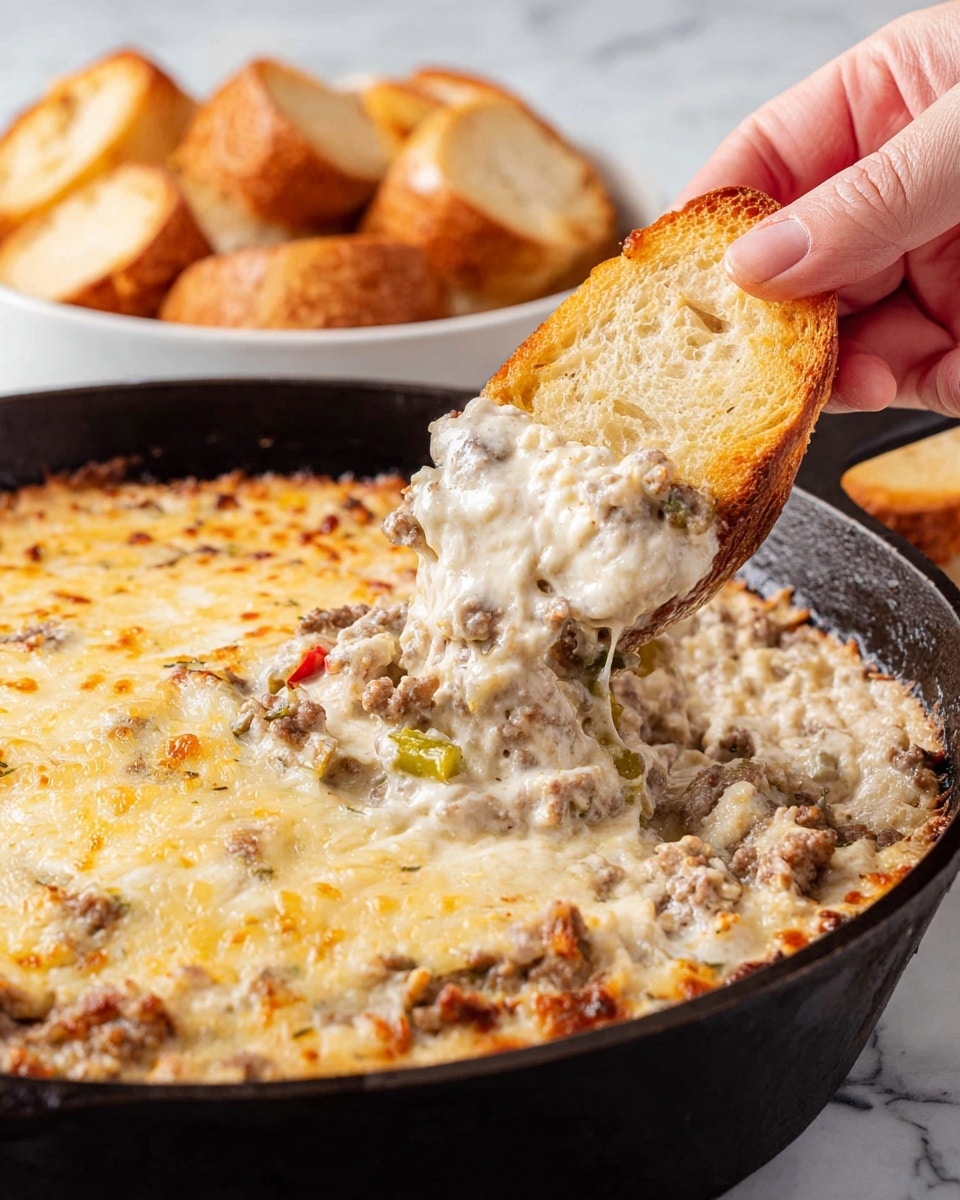 A black skillet filled with a creamy, cheesy dip that has a golden, slightly browned top layer of melted cheese, underneath which is a thick layer of creamy mixture with visible chunks of ground meat and chopped vegetables, the dip appears thick and rich. A woman's hand holds a toasted, crisp golden-brown baguette slice dipped halfway into the creamy mixture, showing the hearty texture of the dip coating the bread. In the background, there is a white bowl filled with more toasted baguette slices, all placed on a surface with a white marbled texture. photo taken with an iphone --ar 4:5 --v 7