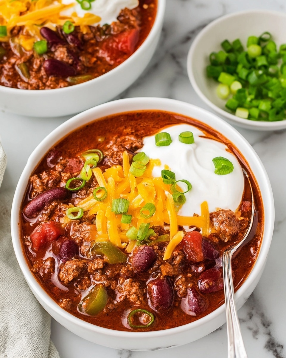 A white bowl filled with rich, thick chili showing visible layers of dark red kidney beans, brown minced meat, and chunks of red tomato and green pepper all mixed in a deep reddish-brown sauce. On top is a smooth dollop of white sour cream, covered with bright yellow shredded cheddar cheese and sprinkled with small pieces of green onion. A metal spoon is partially visible inside the bowl, resting at the edge. In the background, there is another white bowl with the same chili and a small white bowl filled with chopped green onions on a white marbled surface. photo taken with an iphone --ar 4:5 --v 7