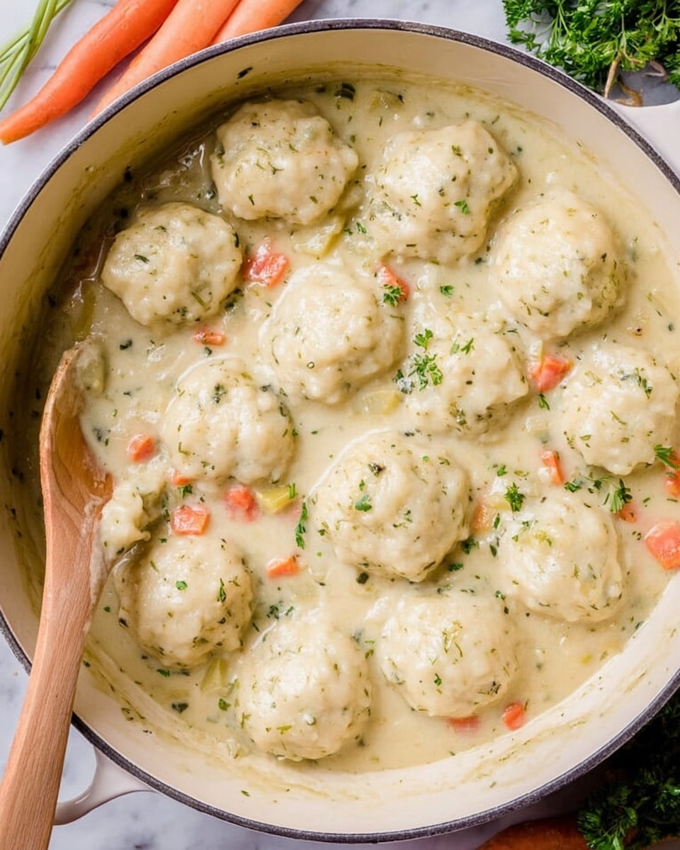 A white deep dish holds three round, lightly browned biscuits layered thickly on top of a creamy mixture. The creamy base is pale beige with visible pieces of shredded chicken, small chunks of orange carrot, and green celery. The biscuits have a soft texture and are sprinkled with black pepper and small green herbs. The sauce is smooth and slightly shiny, surrounding the biscuits and vegetables evenly. A shiny silver spoon rests on the right side of the dish, touching the creamy mixture. The background is a white marbled texture, and a corner of a checkered cloth is glimpsed at the bottom right. Photo taken with an iphone --ar 4:5 --v 7