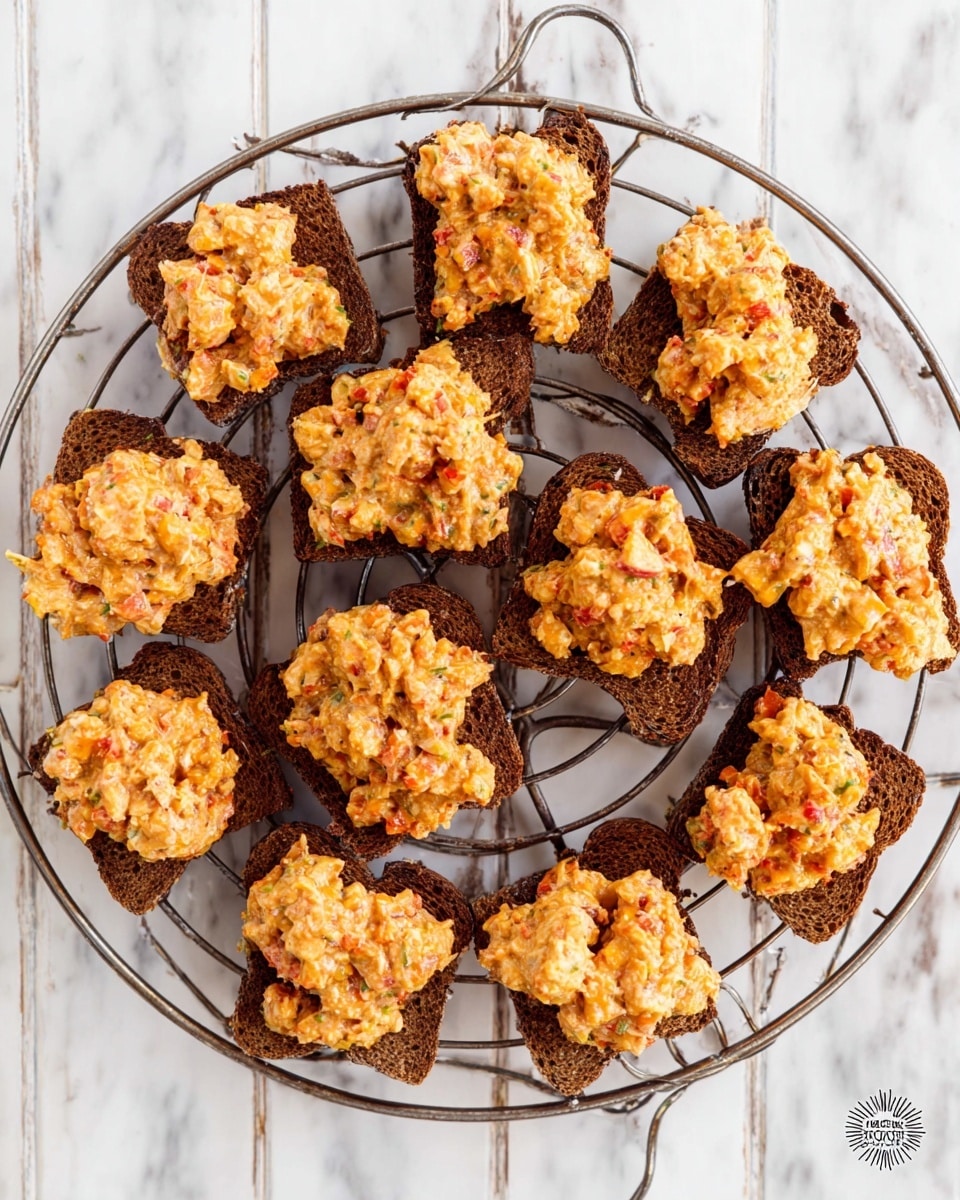 The image shows fifteen small square dark brown bread pieces, each topped with a thick, chunky mix of orange and light brown spread that looks creamy and textured with bits of red and yellow ingredients. The bread pieces are arranged in a circular pattern on a round metal cooling rack with loops around the edges. The background surface is a white marbled texture. photo taken with an iphone --ar 4:5 --v 7