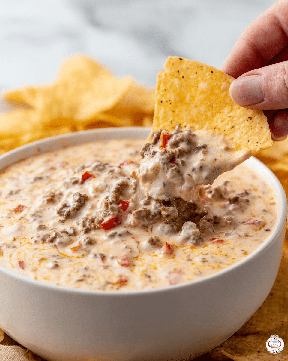 A close-up view of a single large pan filled with creamy, smooth, light orange cheese sauce mixed with browned ground meat and small tomato pieces dispersed evenly throughout. On top of the sauce near the center is a small mound of bright red diced tomatoes adding a pop of color. The pan sits on a white marbled surface with a black and white patterned cloth visible on the bottom left corner. Parts of a white bowl with yellow tortilla chips are visible in the upper right and lower right corners. Photo taken with an iphone --ar 4:5 --v 7