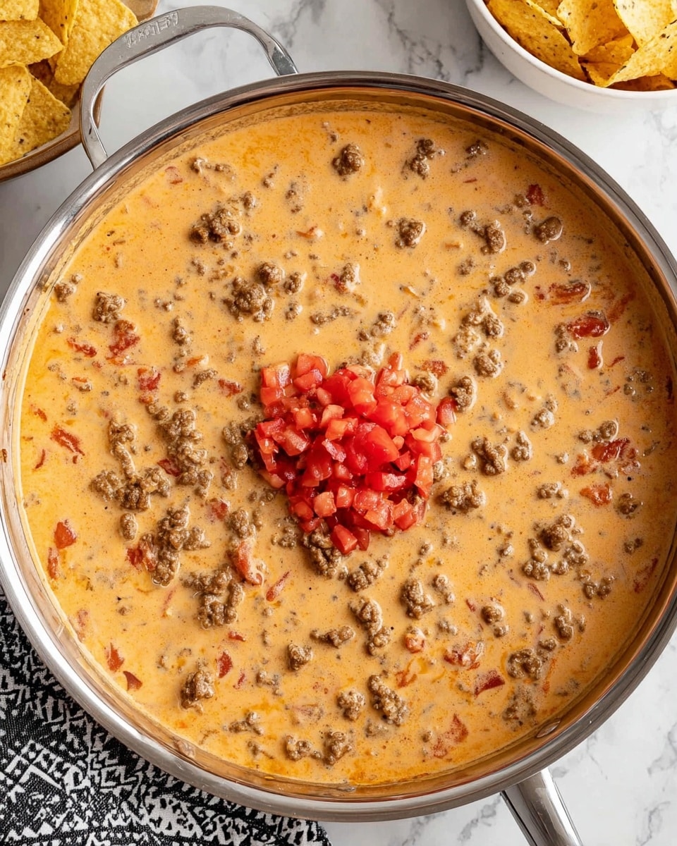 A close-up image shows a white bowl filled with creamy cheese dip mixed with small chunks of browned ground beef and bits of red bell pepper. A woman’s hand holds a large, square, light golden tortilla chip dipped into the thick, smooth dip, with the chip partially covered in the creamy mixture. The background features a white bowl with more tortilla chips, all set on a white marbled surface. Photo taken with an iphone --ar 4:5 --v 7