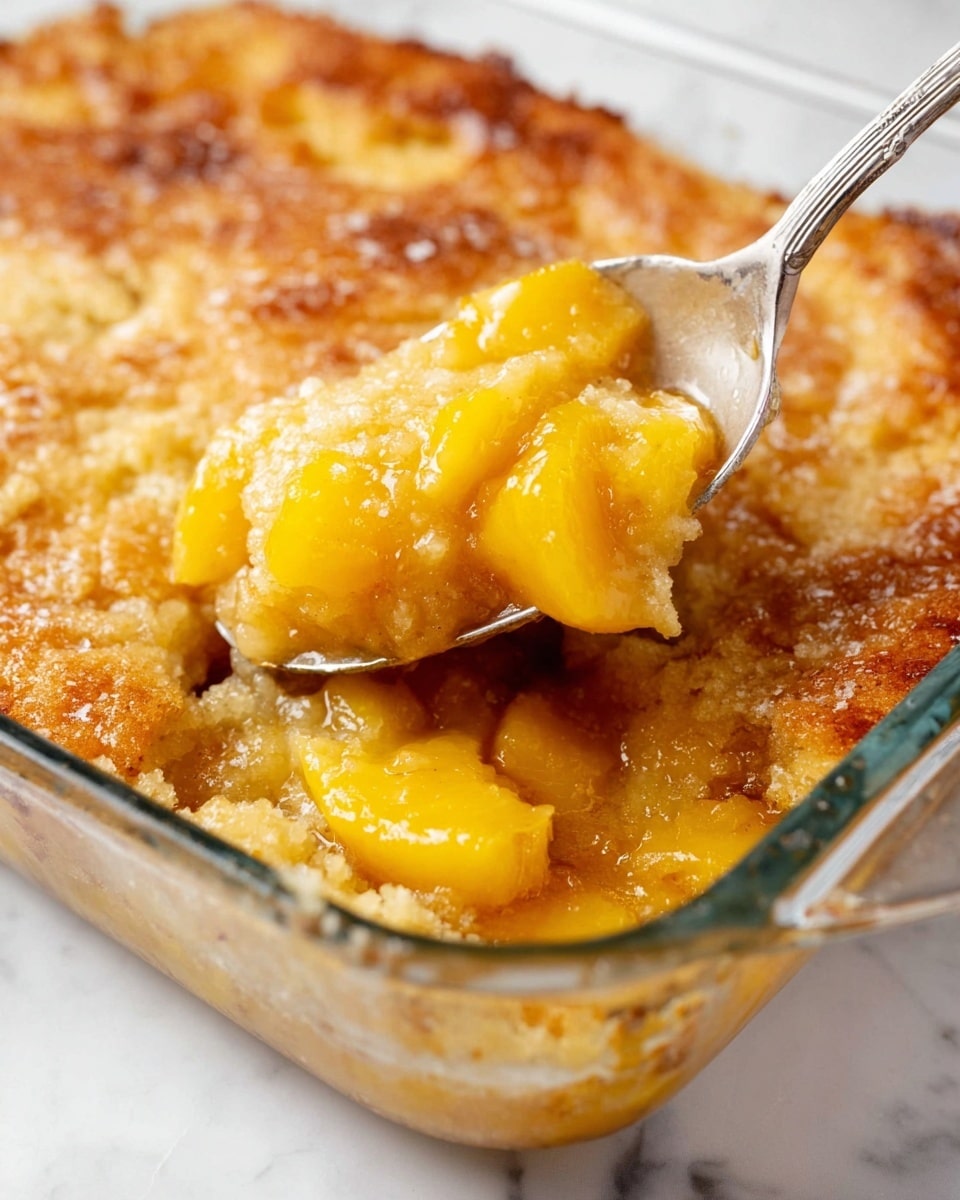 A white plate holds a serving of peach cobbler with three distinct layers: at the bottom, soft and juicy yellow peach slices with a slightly glossy texture; in the middle, a moist and crumbly golden-brown baked dough with some cinnamon specks; on top, a round, smooth scoop of creamy white vanilla ice cream with tiny vanilla bean flecks. The plate rests on a white marbled surface. photo taken with an iphone --ar 4:5 --v 7