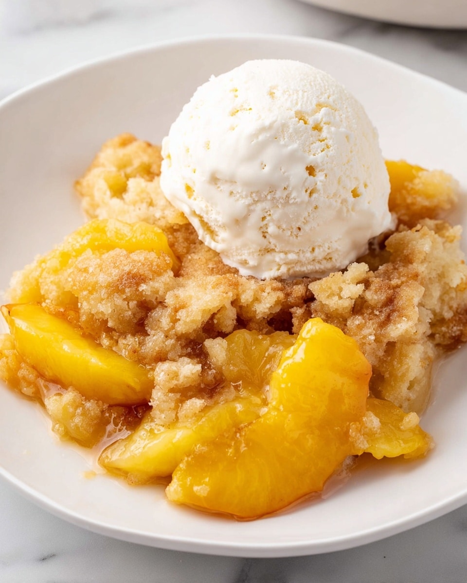 A close-up of a baked peach cobbler in a clear glass baking dish shows a golden brown, slightly crispy top crust with a soft, bubbling peach filling underneath. The peach layer is bright yellow-orange with juicy, tender chunks visible just under the crust. A silver spoon scoops into the cobbler, lifting some of the warm, syrupy peach pieces and thick crust, revealing a moist, crumbly texture inside. The baking dish sits on a white marbled surface. photo taken with an iphone --ar 4:5 --v 7