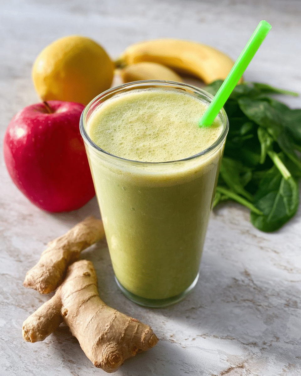 A tall clear glass filled with a smooth, light green smoothie with a slightly frothy top layer, and a bright green straw placed on the right side of the glass. Behind the glass, fresh light brown ginger roots, a red apple, a yellow lemon, a ripe banana, and green spinach leaves are arranged on a white marbled surface. The colors are fresh and natural, creating a healthy and vibrant look. photo taken with an iphone --ar 4:5 --v 7