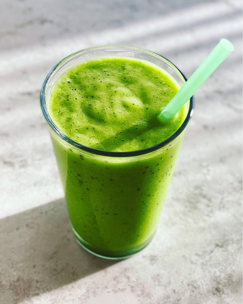 A clear glass filled with a bright green smoothie that has a smooth, slightly frothy texture on top, showing tiny darker green specks throughout. The smoothie reaches just below the rim of the glass. A light green straw is inserted at an angle on the right side, slightly pressed into the drink. The glass is placed on a white marbled surface with soft natural light casting gentle shadows around it. photo taken with an iphone --ar 4:5 --v 7