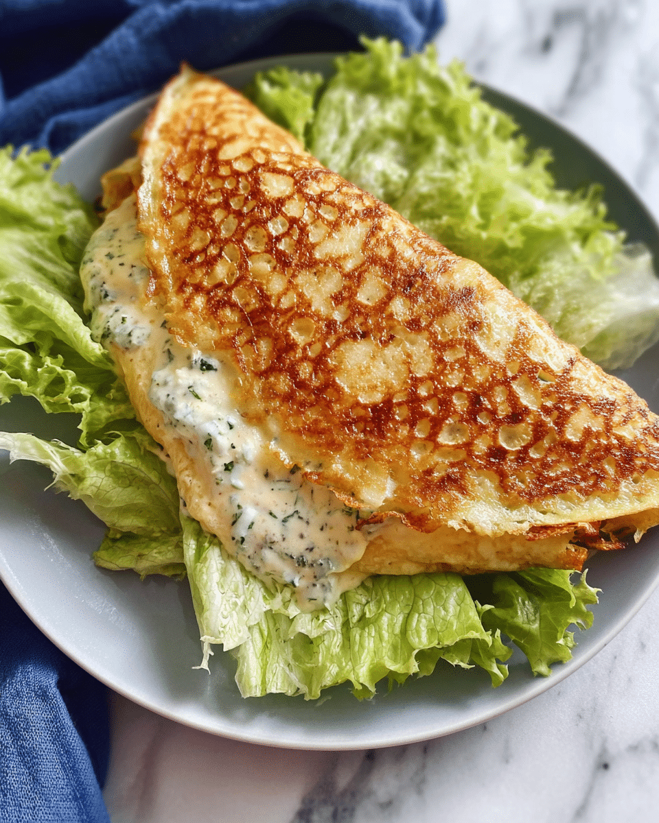 A folded crepe lies on a bed of leafy green lettuce, resting on a white plate. The crepe’s top layer is golden brown with a crisp, evenly textured cheese crust that has melted and browned, forming a lacy pattern. Inside, a creamy white sauce with small green herb pieces is visible where the crepe is slightly open. The lettuce beneath is fresh, with a mix of light and darker green leaves. The overall setting is on a white marbled surface, and part of a folded blue cloth is seen in the background. Photo taken with an iphone --ar 4:5 --v 7