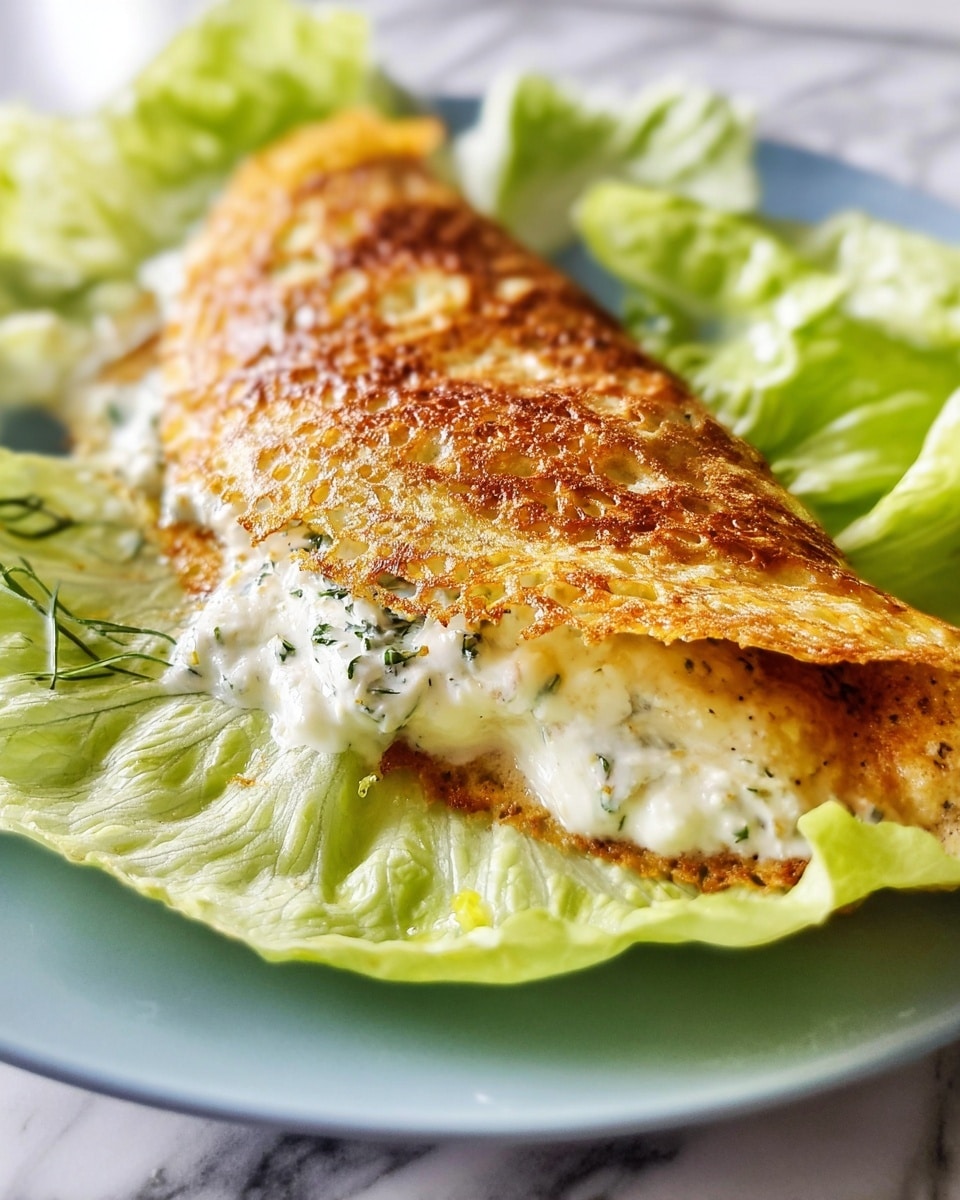 A folded golden-brown crepe with a crispy, lacy texture on the outside sits atop crisp green lettuce leaves. The crepe is partially opened, revealing a creamy white filling flecked with small green herbs, oozing slightly from the middle. The dish rests on a smooth white plate, with more green lettuce leaves visible in the background against a white marbled surface. photo taken with an iphone --ar 4:5 --v 7