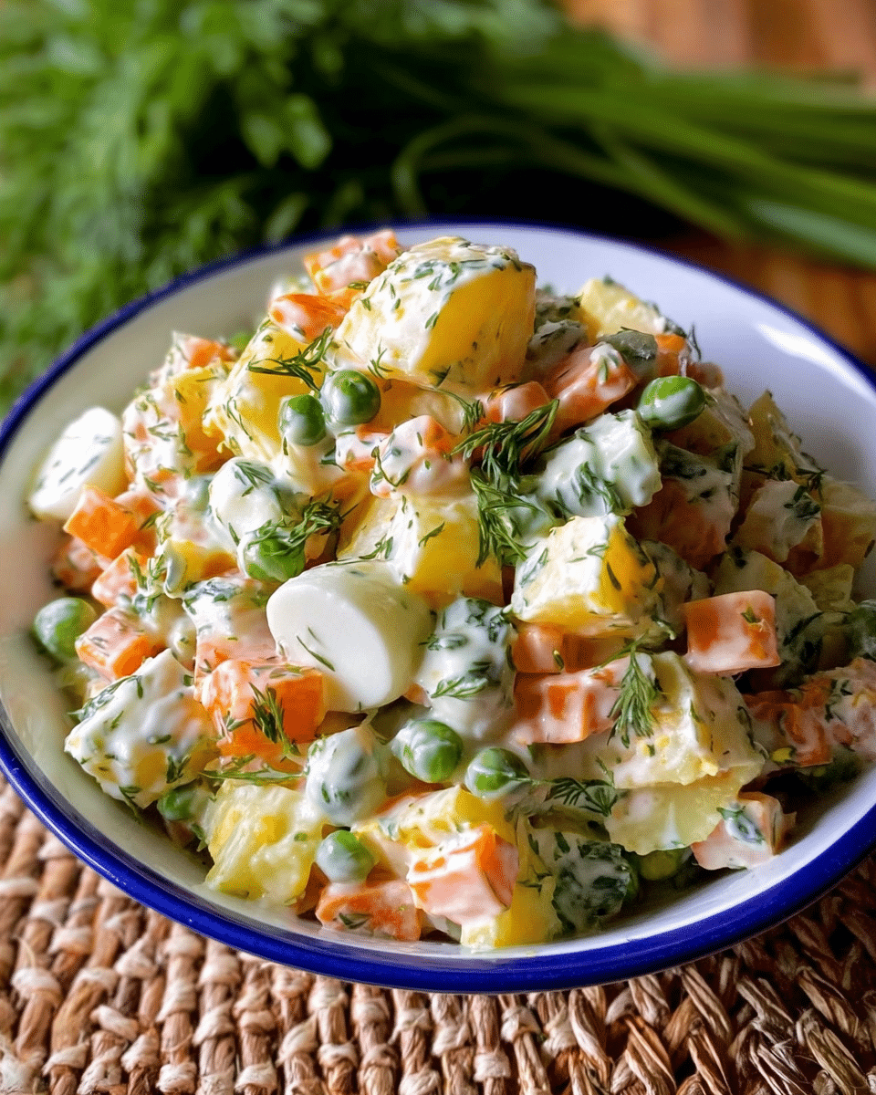 A white bowl with blue rim is filled with a mixed vegetable salad consisting of small diced pieces of carrots, yellow potatoes, green peas, and white egg chunks. The salad is coated in a creamy white dressing with small green herb bits sprinkled throughout. The bowl sits on a woven mat, with blurred green herbs in the background. photo taken with an iphone --ar 4:5 --v 7