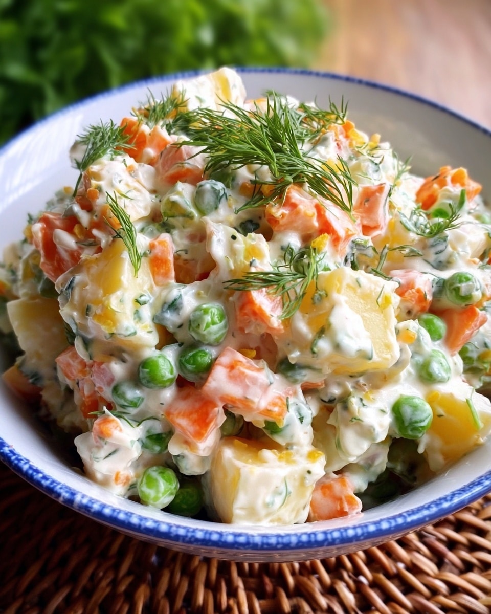 A close-up view of a creamy salad served in a white bowl with blue trim, showing small diced layers of orange carrot, green peas, yellow potato, and finely chopped herbs mixed with a thick white dressing. The salad has a chunky texture with visible pieces of vegetables, and it is topped with small sprigs of green dill for garnish. The bowl sits on a woven brown mat with a blurred green background. photo taken with an iphone --ar 4:5 --v 7