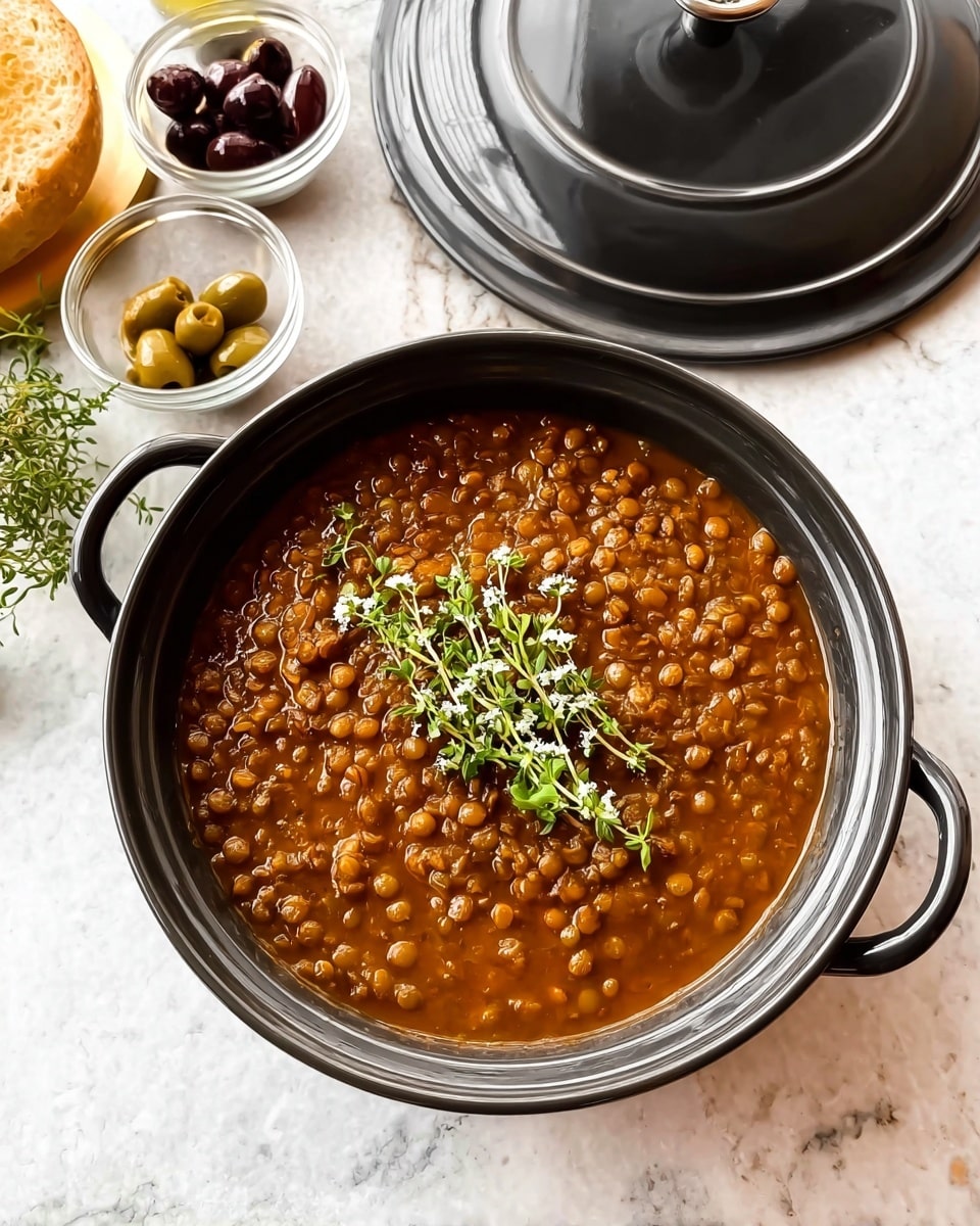 A round black pot with two handles holds a thick lentil stew that is brown with small round lentils visible throughout. On top of the stew, there is a small bunch of fresh green herbs with tiny white flowers placed in the center, creating a line across the surface. The pot is placed on a white marbled surface, and in the background, there are small glass bowls with olives and other condiments. Behind the pot is a matching black lid resting on the surface. photo taken with an iphone --ar 4:5 --v 7