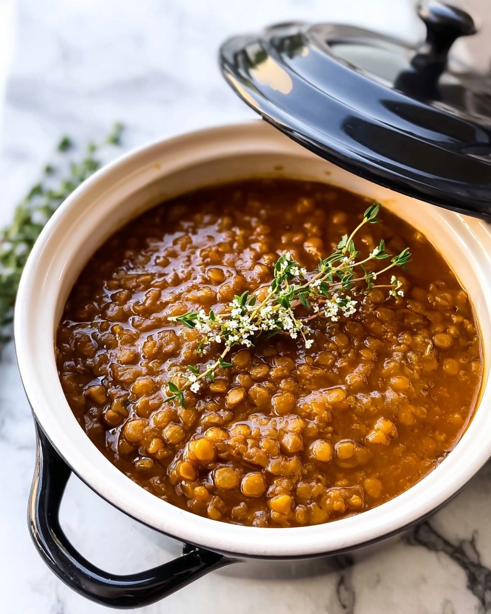 A close-up view of a white bowl with a black handle filled with thick, brown lentil soup showing whole lentils and a smooth, slightly glossy surface with a sprig of fresh green thyme with tiny white flowers placed gently on top as garnish. The bowl is set on a white marbled textured surface, and the partially visible black lid rests beside it. Photo taken with an iphone --ar 4:5 --v 7