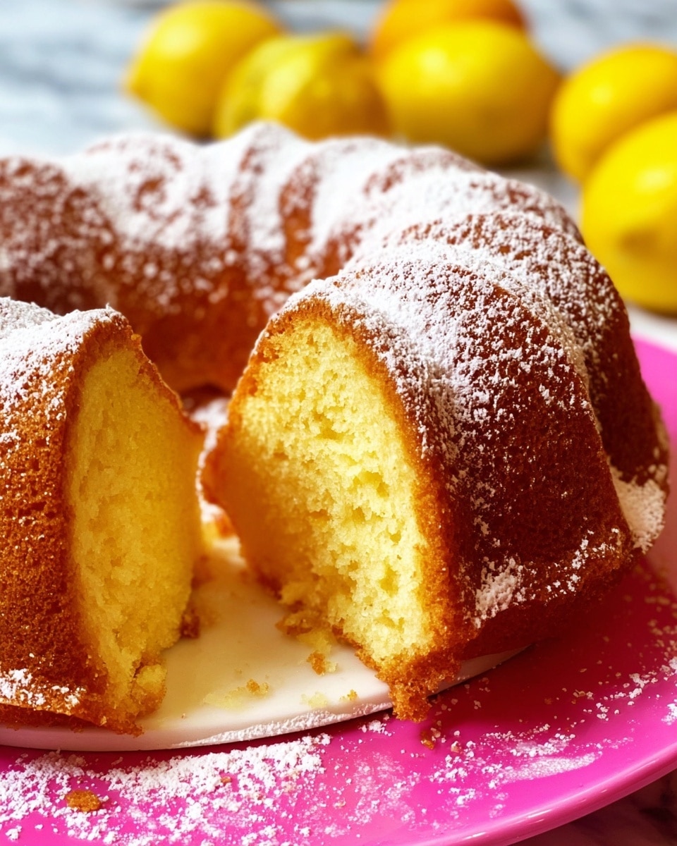 A close-up view of a bundt cake with one slice cut out, showing the soft, yellow inside and a golden-brown crust. The cake's top edges have a light dusting of white powdered sugar, and the powdered sugar also lightly covers the base around the cake. The cake sits on a white plate with a bright pink underlayer, and in the blurry background, there are some yellow lemons on a white marbled surface. photo taken with an iphone --ar 4:5 --v 7