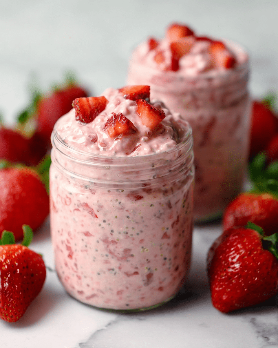Two small glass jars filled with a creamy, pink mixture that has a thick texture with visible small chia seeds and chopped strawberries inside. The mixture nearly overflows, with larger pieces of strawberry on top. The jars sit on a white marbled surface and are surrounded by fresh whole strawberries with green tops. The focus is on the front jar, with a soft blur on the second jar behind it. photo taken with an iphone --ar 4:5 --v 7