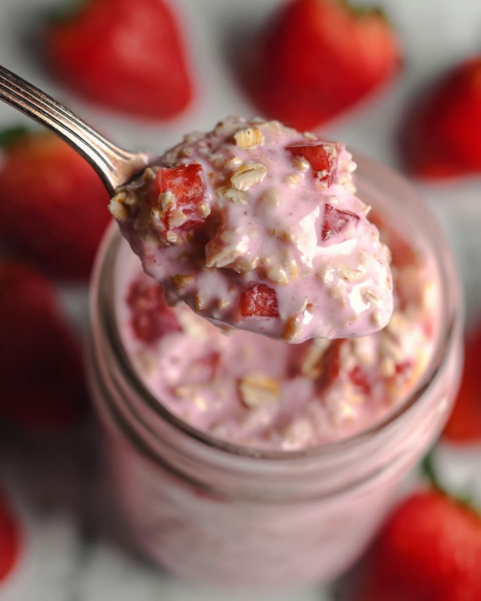 A close-up image of a spoon lifting a thick, creamy mixture from a glass jar filled with a pink oat and strawberry blend. The mixture shows small white and light brown oats combined with soft, light pink creamy yogurt and chunks of red strawberry pieces scattered throughout. The background displays a white marbled texture with whole red strawberries slightly out of focus around the jar. The texture of the oats and cream looks smooth and slightly chunky, showing a rich pink and red color contrast. Photo taken with an iphone --ar 4:5 --v 7