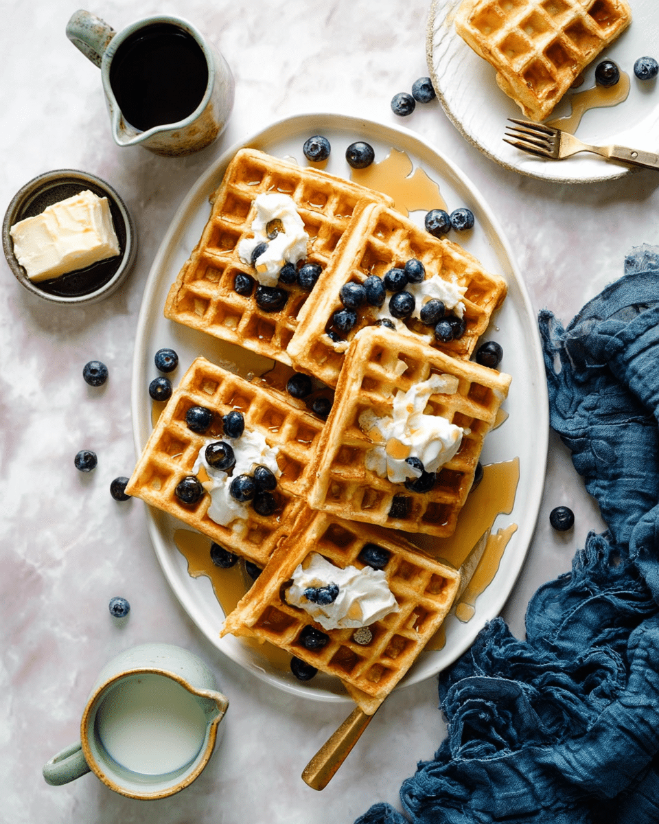 A white oval plate holds six golden brown square waffles arranged in a loose overlapping pile. Each waffle has a grid pattern and is topped with scattered fresh blueberries and dollops of melting white butter. Light amber syrup is drizzled over and around the waffles on the plate. Around the plate, a small ceramic bowl contains more butter with a knife resting on its edge, a off-white jug filled with dark syrup, a waffle piece with a fork on a white plate, a small green bowl with milk and a golden spoon, and a ceramic cup partially visible, all set on a white marbled surface. A woman's hand is not visible in this image. A crumpled blue cloth adds texture near the lower right corner. Photo taken with an iphone --ar 4:5 --v 7