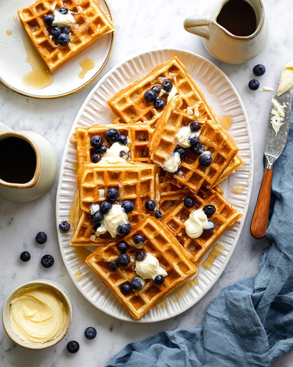 A white oval plate holds six square waffles, arranged in a slightly overlapping pattern. The waffles are golden brown with a crisp texture, topped with scattered fresh blueberries and small dollops of melting butter. Maple syrup is drizzled over the waffles and pools slightly on the plate. Around the plate, a few loose blueberries rest on the white marbled surface. Nearby, a white jug with coffee sits alongside a small, beige bowl of softened butter with a wooden-handled spreading knife resting inside it. A fork lies on a white plate with a partially eaten waffle in the upper left corner. A blue cloth napkin with soft folds is placed to the right of the plate. Photo taken with an iphone --ar 4:5 --v 7