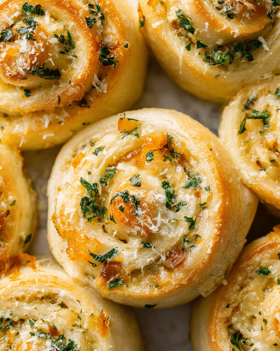 The image shows a close-up of golden brown garlic rolls arranged closely together on a white marbled surface. Each roll has multiple soft dough layers spiraled around a filling made of melted cheese, finely chopped green herbs like parsley, and small bits of garlic, creating a mix of creamy yellow, bright green, and slight orange-brown toasted spots. The tops have a light sprinkling of grated cheese and herbs, with a slightly shiny, buttery texture that highlights the fluffy and rich layers within the spirals. photo taken with an iphone --ar 4:5 --v 7