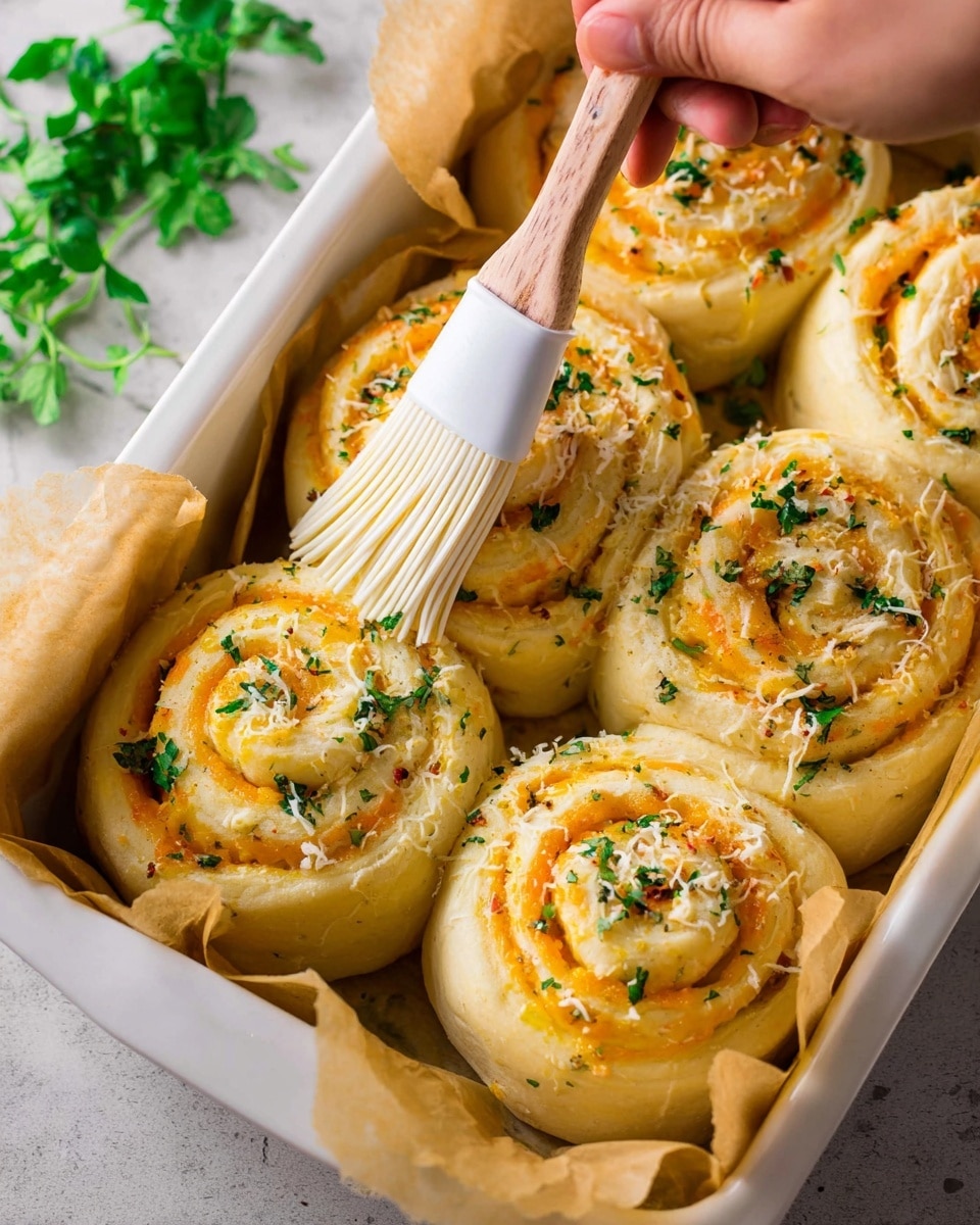 The image shows a close-up of seven round, spiral-shaped dough rolls placed tightly in a parchment paper-lined white baking tray. Each roll has visible layers with a golden yellow dough base filled with melted cheese, finely chopped green herbs sprinkled on top, and a light dusting of grated cheese. A woman's hand is holding a brush with a white silicone tip and a wooden handle, applying a shiny glaze to the top of the roll in the front. The scene is set against a white marbled texture surface with some green leafy herbs scattered outside the tray at the bottom of the image. photo taken with an iphone --ar 4:5 --v 7