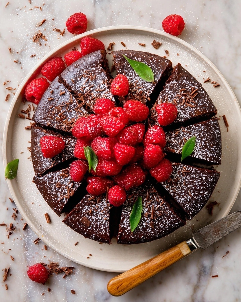 A round chocolate cake is sliced into eight even parts and placed on a white plate, revealing a smooth, glossy dark chocolate top layer. The cake is decorated with many fresh red raspberries piled in the center and a few scattered around the edges, along with a few green leaves for contrast. Light sprinkles of powdered sugar dust the whole cake, adding a delicate white texture. Small chocolate shavings are scattered on top and around the plate. A knife with a wooden handle rests next to the plate on a white marbled surface. photo taken with an iphone --ar 4:5 --v 7