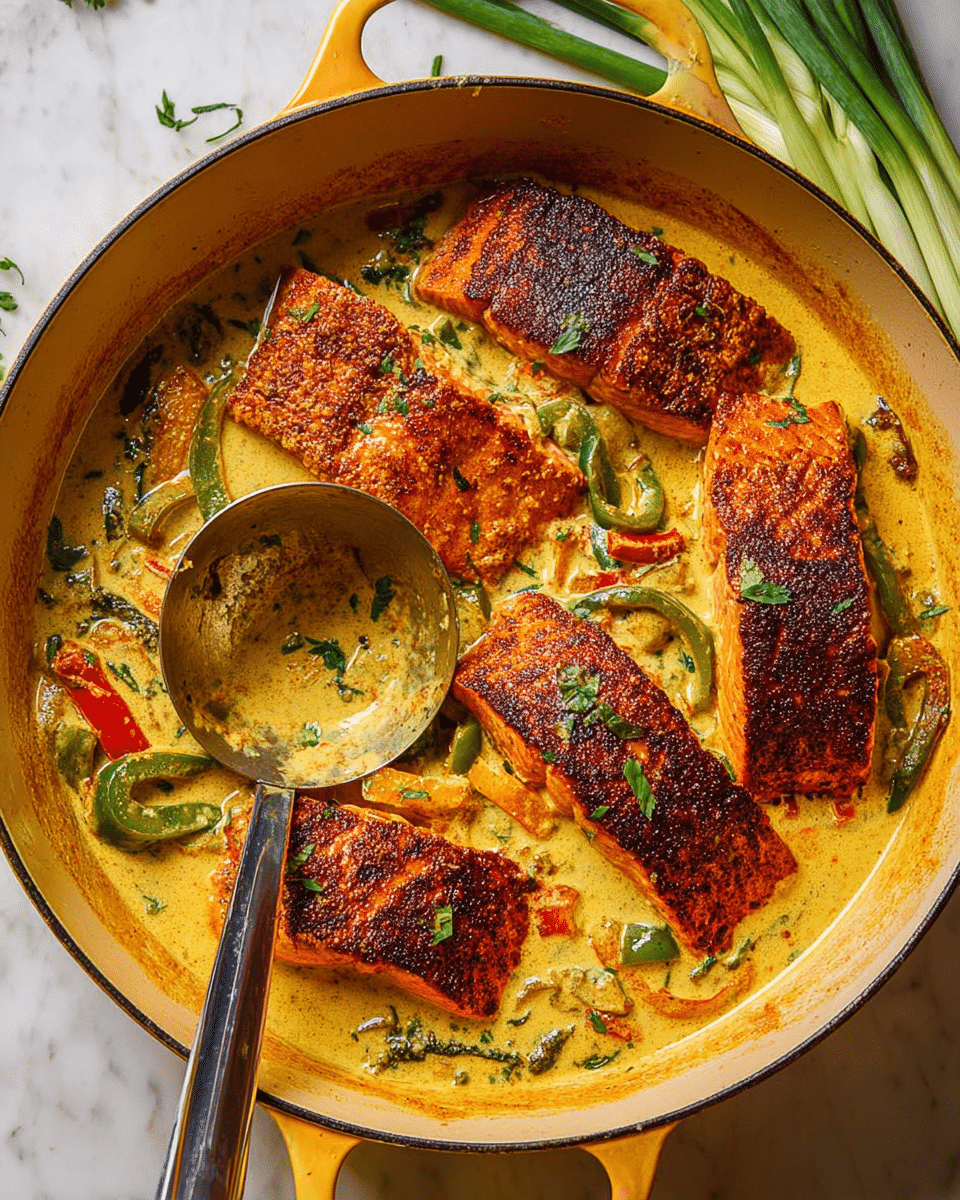 A yellow cast iron pan filled with five pieces of cooked salmon, each showing a crispy dark orange-brown crust on top. The salmon rests in a thick, creamy mustard-colored sauce with green herbs sprinkled across the surface. Visible in the sauce are slices of green and red bell peppers, adding hints of bright green and red. A large metal ladle scoops up some sauce and vegetables on the left side of the pan. The whole scene is set on a white marbled texture with some green onion stalks near the top right corner. photo taken with an iphone --ar 4:5 --v 7