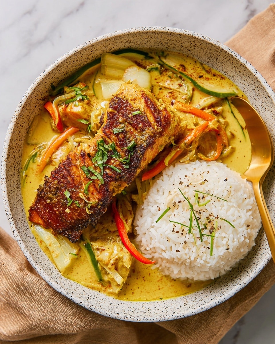 A white speckled bowl holds a meal with two main parts. On the left is a browned, crispy piece of fish covered in a thick, yellow curry sauce with visible green herbs on top. The fish sits on a bed of colorful vegetables, including orange and green bell pepper slices, all coated in the same creamy curry sauce. On the right side of the bowl is a neat mound of white rice, topped with a few small green herb pieces and a light sprinkle of black pepper. A gold spoon is partially visible on the right side of the bowl. The bowl rests on a light brown cloth on a white marbled surface. photo taken with an iphone --ar 4:5 --v 7