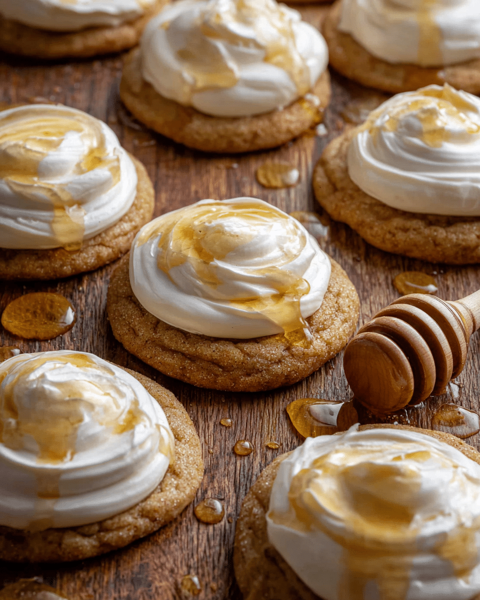 A close-up view of soft round cookies arranged on a wooden surface, each cookie topped with a thick, swirled layer of white cream cheese frosting and drizzled with golden honey, creating a shiny, sticky texture. The cookies have a light brown color with a slightly crumbly texture, and the honey drops glisten around them. A wooden honey dipper with honey on it lies among the cookies, adding to the natural, fresh feel. photo taken with an iphone --ar 4:5 --v 7