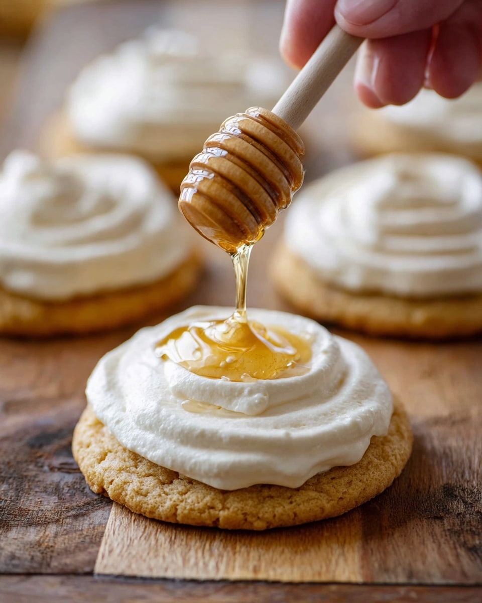 A close-up image of a round cookie with a golden-brown color and a slightly crumbly texture, topped with a thick, swirled white frosting layer covering the entire surface of the cookie. A woman's hand holds a honey dipper above the cookie, dripping golden honey onto the center of the frosting. In the background, three similar cookies with white frosting are set on a wooden surface. The setting is bright and rustic, with a focus on the cookie in the foreground. Photo taken with an iphone --ar 4:5 --v 7