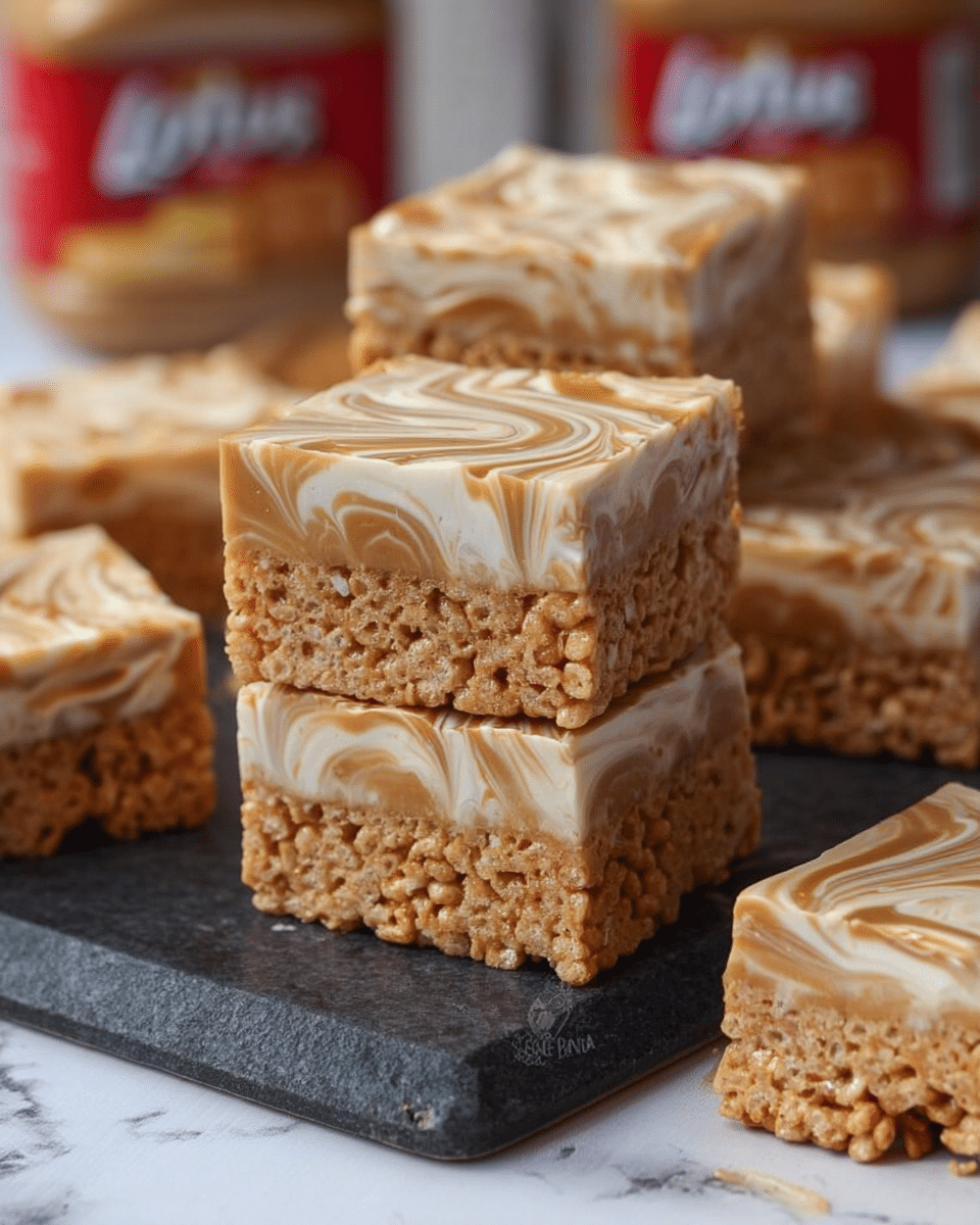 The image shows a stack of square-shaped snack bars on a dark stone board, each bar having two distinct layers. The bottom layer is a light brown, crispy rice cereal treat with a rough texture, while the top layer is a smooth, creamy mix of white and caramel-colored swirls that create a marbled effect. The bars are neatly cut, revealing the contrast between the crunchy base and the glossy, swirled topping. Some more bars are scattered around the stack, and blurred containers of Lotus spread are visible in the background, all placed on a white marbled surface. photo taken with an iphone --ar 4:5 --v 7