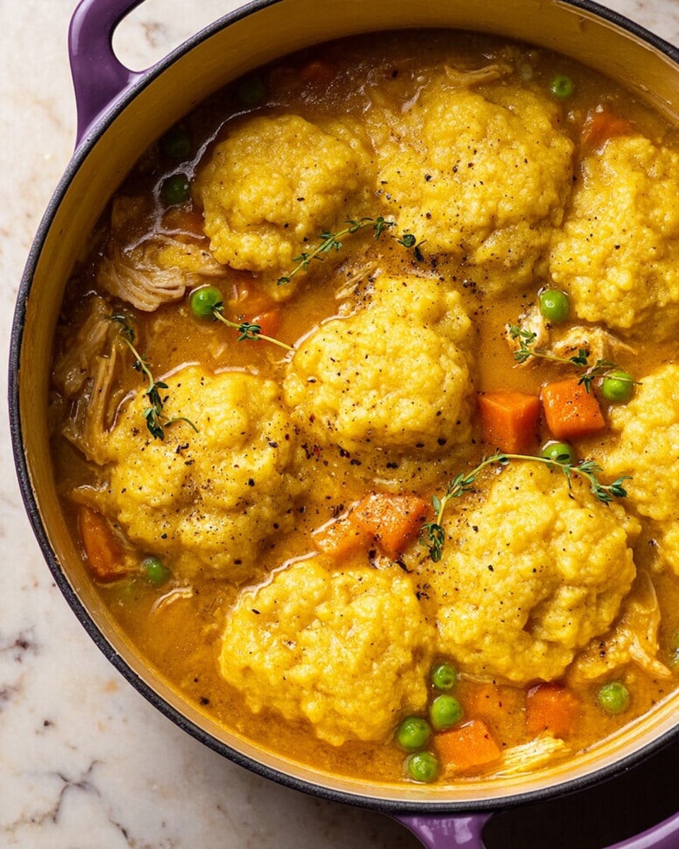 A white bowl filled with thick chicken stew showing visible layers of shredded chicken pieces, orange carrot slices, green peas, and light green celery chunks all mixed in a golden, creamy broth with specks of black pepper sprinkled on top. On the right side of the bowl, there is a golden biscuit partially submerged in the stew, with a textured, slightly crumbly surface. A black spoon rests inside the bowl at the top right. The bowl sits on a white marbled surface with sprigs of fresh green herbs nearby, and a beige cloth is partially visible in the background. Photo taken with an iphone --ar 4:5 --v 7