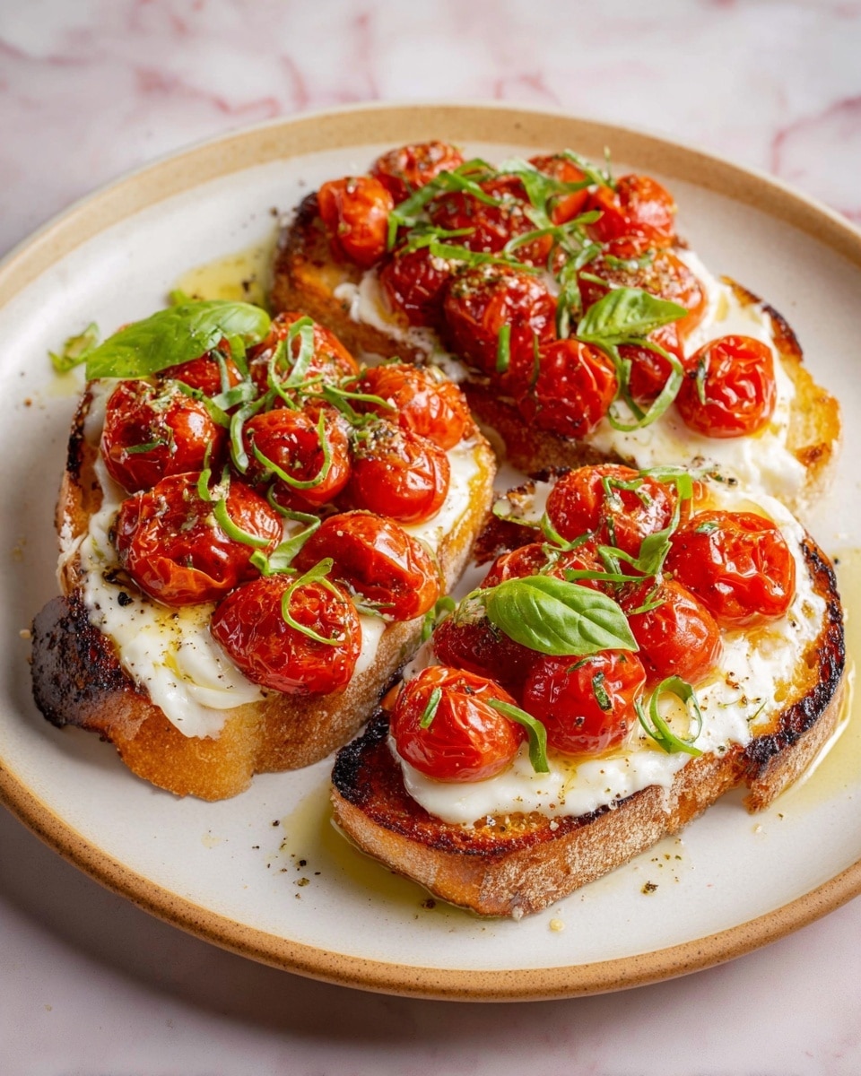 The image shows two slices of toasted bread on a shallow white plate sitting on a white marbled surface. Each slice has a bottom layer of golden brown toasted bread with a rough crust and soft inside. On top of the bread is a thick, creamy white spread that looks soft and smooth. Above the spread is a generous layer of roasted, bright red cherry tomatoes that appear juicy and slightly wrinkled from cooking. Scattered on the tomatoes and around the plate are small, fresh, bright green basil leaves, adding color and freshness. The tomatoes and spread are sprinkled lightly with cracked black pepper and coarse salt, adding texture and contrast. photo taken with an iphone --ar 4:5 --v 7