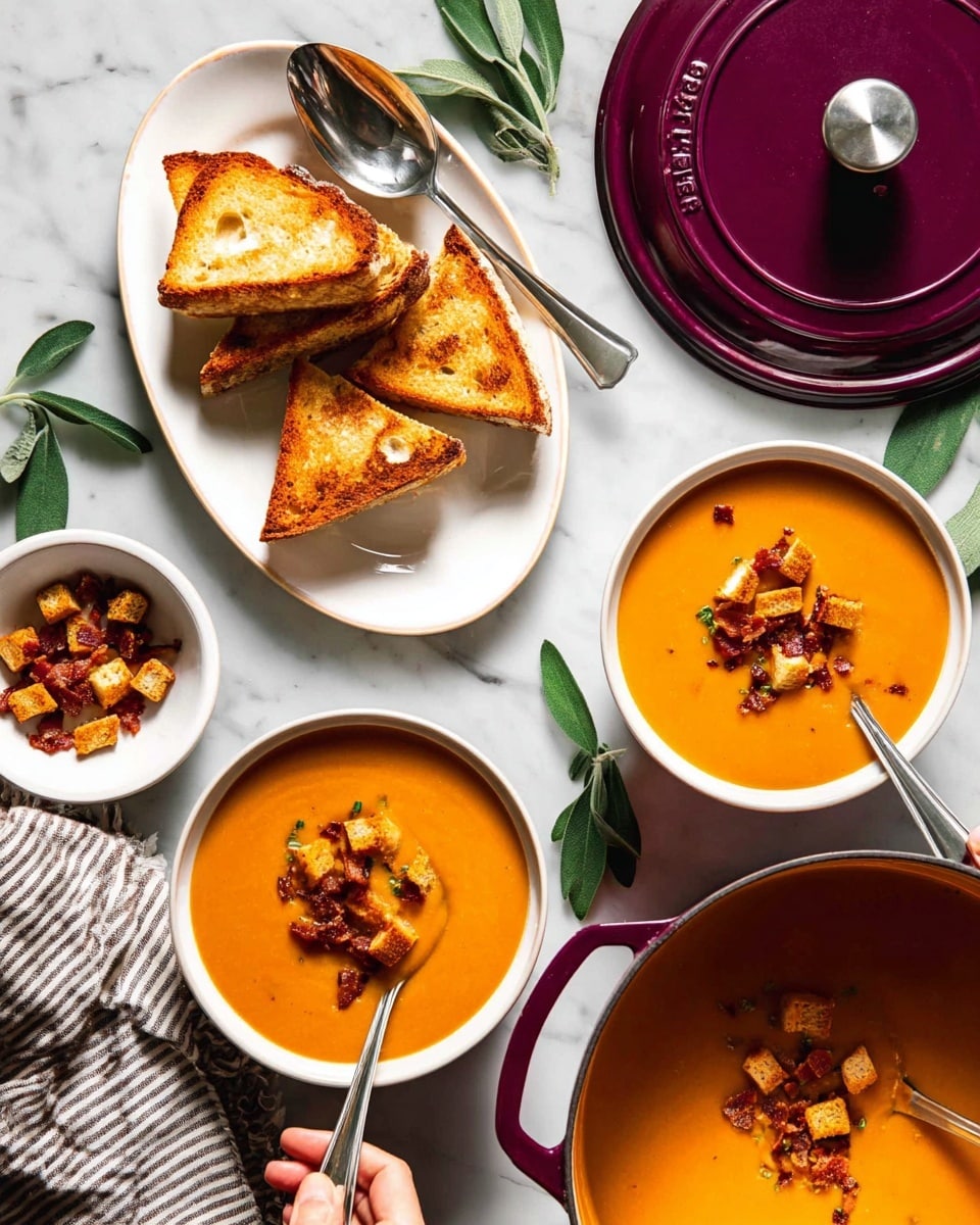 Three white bowls filled with smooth orange soup are topped with small browned bread cubes and crispy bacon bits, each bowl having a silver spoon resting inside. A white oval plate in the center holds four triangular toasted bread slices with a golden-brown crust. A small white bowl near the large pot contains more crispy bacon bits. The purple lid of a pot sits nearby, with the pot itself partially visible, containing more orange soup. A woman's hand holds one of the spoons in the bottom bowl, and fresh green leaves are scattered around on a white marbled surface beneath everything. A striped cloth napkin is draped near the bottom left corner. Photo taken with an iphone --ar 4:5 --v 7