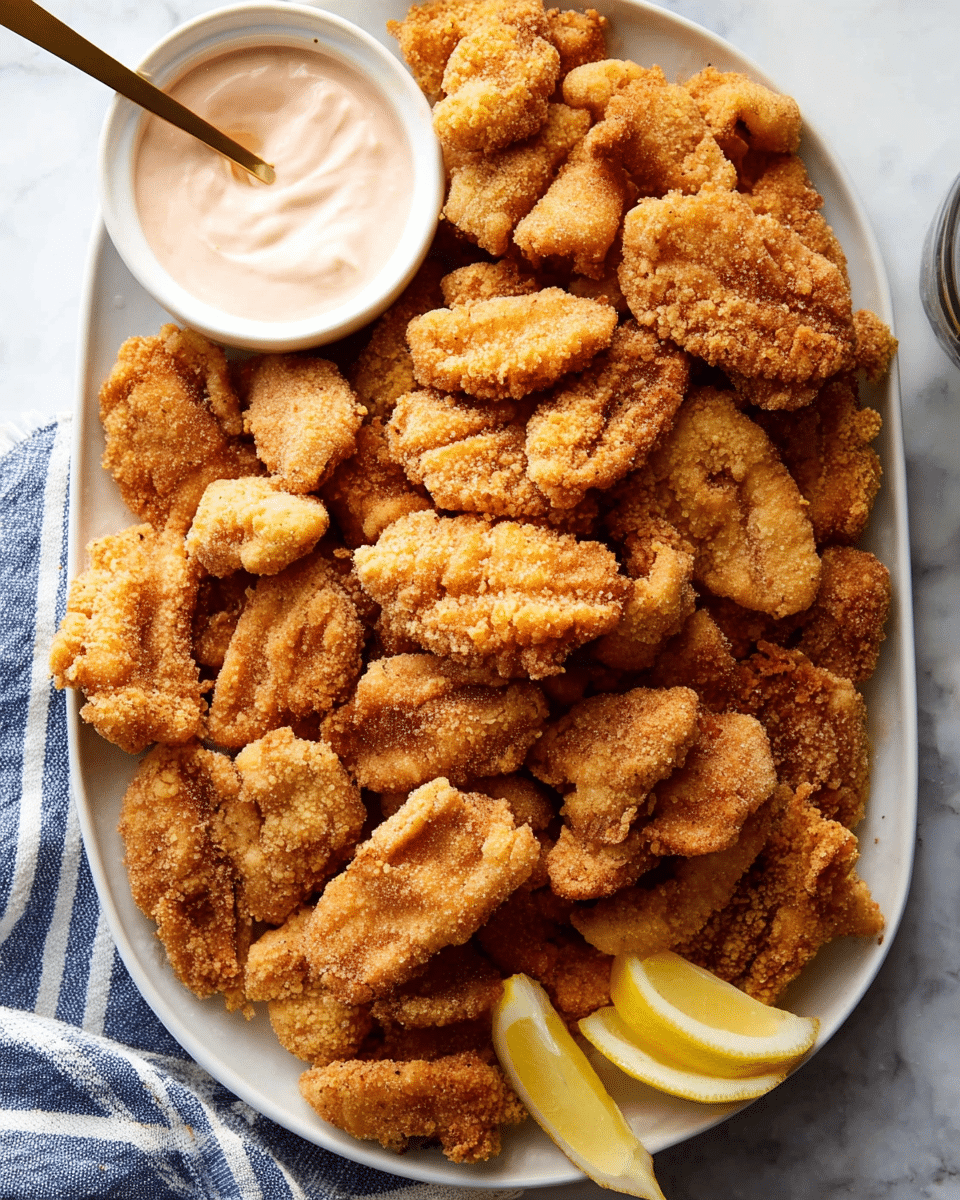 A white oval plate filled with many pieces of golden brown fried catfish, each piece crispy with a rough, crunchy texture, piled up to cover the plate. On the top left corner of the plate, there is a small white round bowl filled with a light pink creamy dipping sauce with a gold spoon resting inside. Two small lemon wedges with bright yellow and white skin are placed on the bottom right edge of the plate. The plate is set on a white marbled surface with a blue and white striped cloth partially visible. Photo taken with an iphone --ar 4:5 --v 7