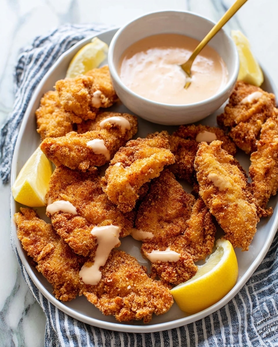 A white oval plate filled with several pieces of golden-brown fried chicken tenders with a crispy texture, some drizzled lightly with a light pink creamy sauce. There is a small white bowl at the back of the plate holding more of the same sauce with a gold spoon inside it. On the front right corner of the plate, two lemon wedges with bright yellow skin and juicy interior rest against the chicken. The plate is set on a surface with a white marbled texture and a blue-and-white striped cloth partially visible beneath it. photo taken with an iphone --ar 4:5 --v 7