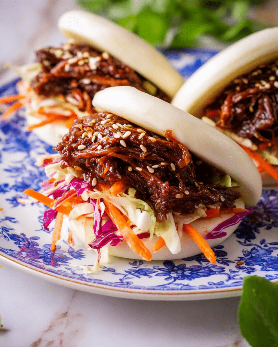 The image shows soft white buns folded open with two main layers inside. The bottom layer is a colorful mix of shredded vegetables including orange carrots, white cabbage, and purple cabbage, creating a fresh and crunchy base. On top of the vegetables is a thick layer of rich, dark brown shredded meat with a glossy sauce and sprinkled light sesame seeds, adding texture and shine. The buns rest on a white plate with blue floral patterns, placed on a white marbled surface with some green herb leaves for decoration. photo taken with an iphone --ar 4:5 --v 7