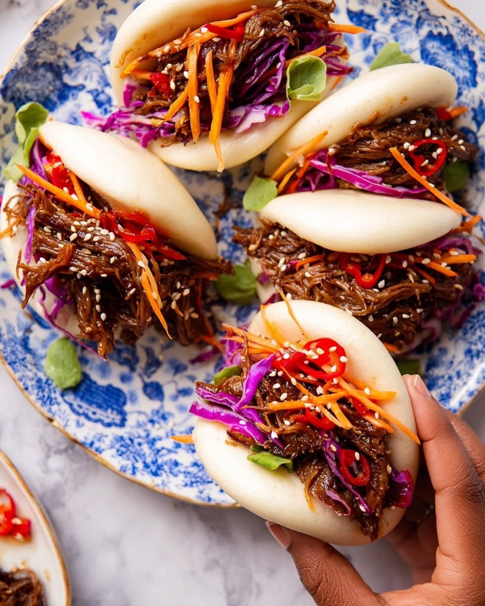 Several steamed white bao buns are filled with dark brown, juicy shredded meat on a white plate decorated with blue floral patterns, set on a white marbled surface. Each bao bun has three main layers: the soft white bun on the outside, a middle layer of thinly sliced bright purple cabbage and orange carrot strips, and a top layer of glossy shredded meat mixed with small red chili slices and sprinkled with light sesame seeds. One woman’s hand is holding a bao bun near the bottom right side, showing how soft and fluffy the bun looks. The scene is bright and colorful, with a mix of textures from soft buns, crunchy vegetables, and tender meat, creating an inviting appearance. photo taken with an iphone --ar 4:5 --v 7