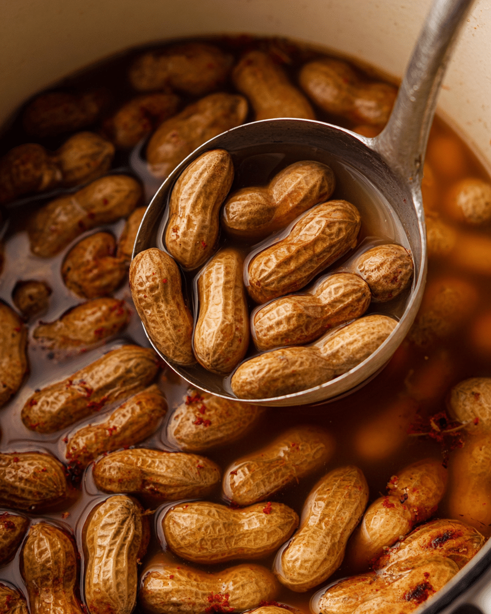 A close-up image of a large pot filled with whole boiled peanuts, showing rough brown shells with patches of red seasoning visible around some peanuts. The peanuts float in a light brown broth, and a silver ladle scoops several peanuts and broth from the pot. The overall color palette is earthy with various shades of brown, and the pot is cream-colored inside. The background is a white marbled texture. photo taken with an iphone --ar 4:5 --v 7