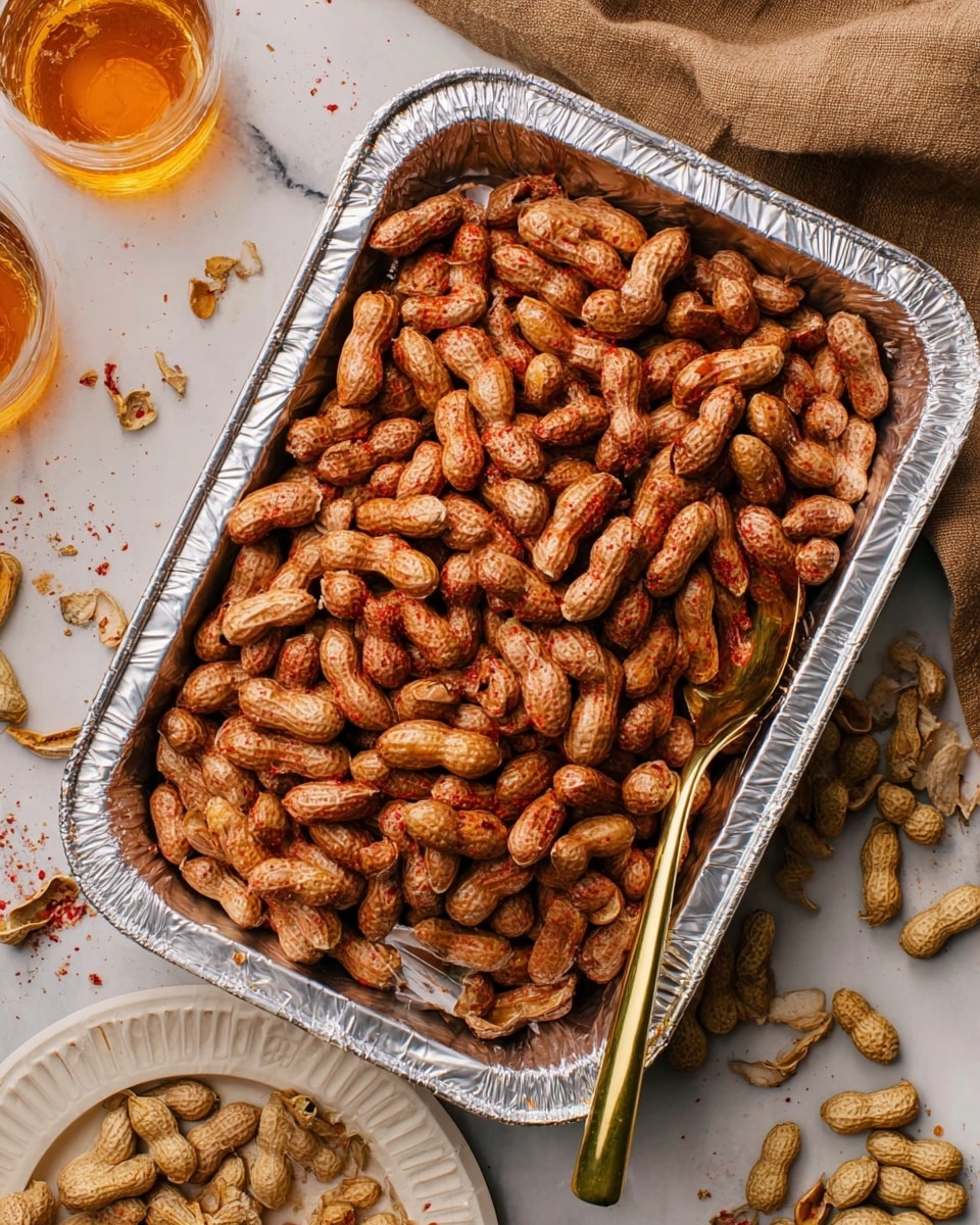 A large pile of cooked peanuts in their shells fills a silver foil tray. The peanuts have a rough, brown texture with hints of red seasoning scattered throughout. A gold spoon is partly buried under the peanuts on the right side of the tray. Around the tray, some peanut shells and pieces lie on a white marbled surface, along with a white plate holding more broken shells. In the top right corner, a woman's hand is near a brown cloth napkin, and a glass of amber liquid is partially visible in the top left. Photo taken with an iphone --ar 4:5 --v 7