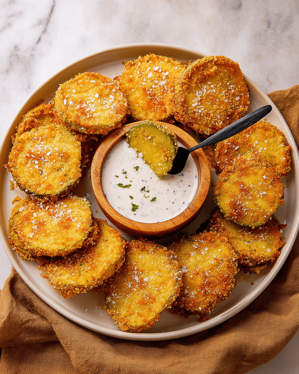 A round white plate holds a neat pile of golden-brown fried pickle slices with a crunchy texture, each sprinkled lightly with coarse salt. The pickle slices are arranged mostly overlapping in a circular pattern around a small round wooden bowl of creamy white dipping sauce with visible specks. A spoon with a black handle rests inside the sauce bowl. One pickle slice is broken in half, showing a bright green inside. The plate sits on a soft brown cloth, placed over a white marbled surface. Photo taken with an iphone --ar 4:5 --v 7