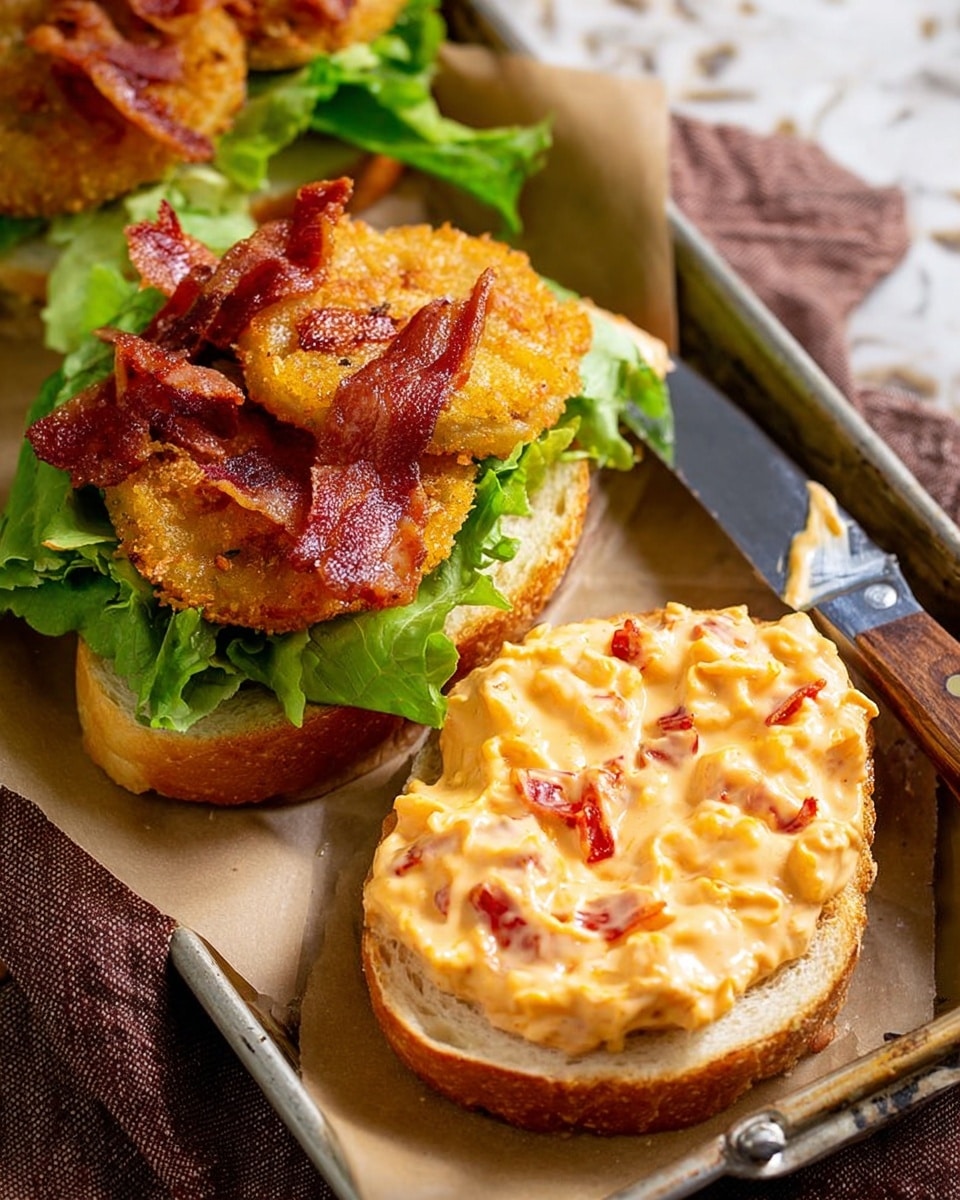 A sandwich open-faced on white bread shows three golden brown fried green tomato slices on top of crispy bacon strips and fresh green lettuce leaves. The other slice of bread is spread thick with creamy orange cheese spread containing small red and green pepper pieces, with a metal butter knife with a wooden handle resting on it. The sandwich is on parchment paper in a metal tray, placed on a white marbled textured surface with a brown cloth nearby. photo taken with an iphone --ar 4:5 --v 7