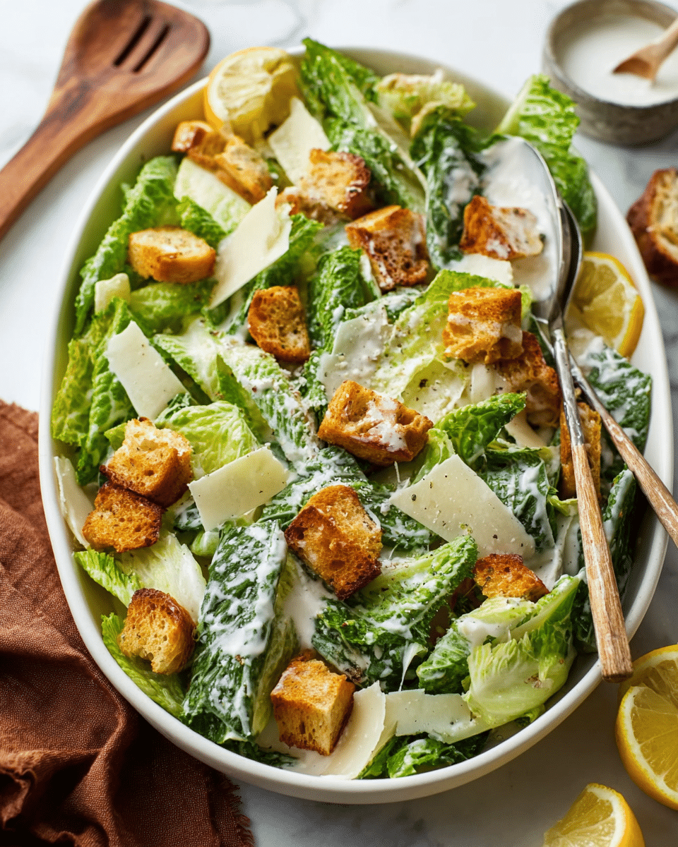 A white oval plate holds a Caesar salad with crispy light brown croutons scattered on top and mixed throughout the rich green romaine lettuce leaves coated with creamy dressing. Thin, pale yellow shavings of Parmesan cheese are spread evenly over the salad. Two lemon wedges sit at the edge of the plate, adding a fresh touch. A wooden spoon and fork rest beside the salad on the plate. The plate is placed on a white marbled surface with some extra croutons and cheese shavings around it, and a glass jar of creamy dressing with pepper sprinkled on top is near the plate. A brown cloth is also partially visible under the plate. Photo taken with an iphone --ar 4:5 --v 7