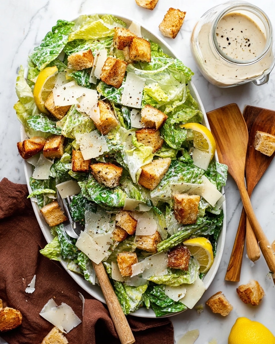 A white oval bowl filled with fresh, bright green romaine lettuce leaves mixed with creamy white Caesar dressing, topped with golden-brown crispy croutons scattered across the salad, and thin, pale yellow slices of Parmesan cheese spread unevenly among the layers. Two lemon wedges rest at the back edge of the bowl. The bowl is placed on a white marbled surface with a wooden salad server partially visible on the left side, and a brown cloth nearby. Photo taken with an iphone --ar 4:5 --v 7