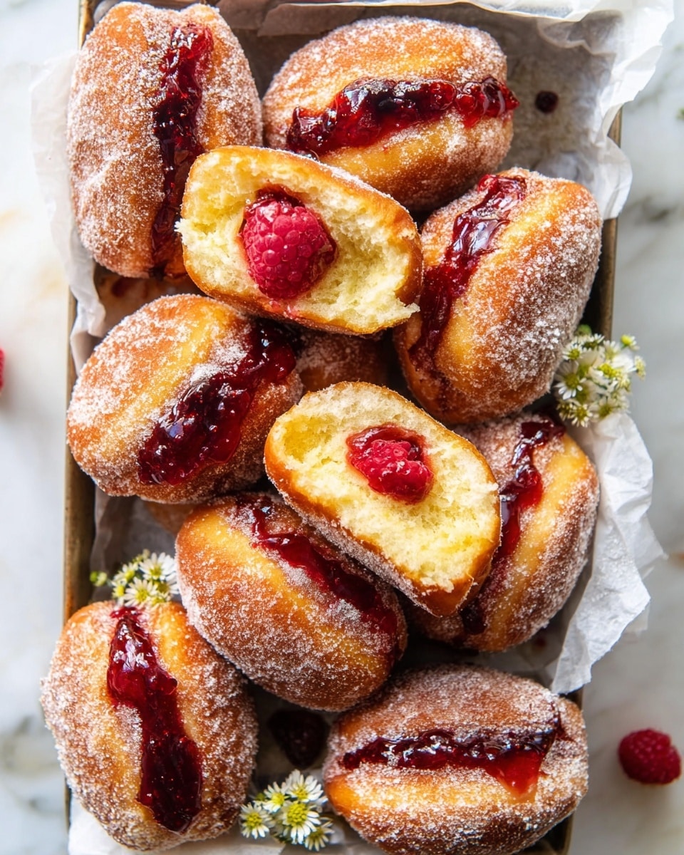 The image shows a tray filled with several round doughnuts covered in sugar, each with a thick layer of red jam filling at the center, topped with a fresh raspberry. One doughnut is broken open, revealing a soft, fluffy yellow inside and the rich, glossy red jam oozing out. The doughnuts have a golden-brown crust with a powdery sugar coating, arranged on white parchment paper inside the tray, which sits on a white marbled surface. Small white flowers with yellow centers are scattered among the doughnuts, adding a delicate touch. photo taken with an iphone --ar 4:5 --v 7