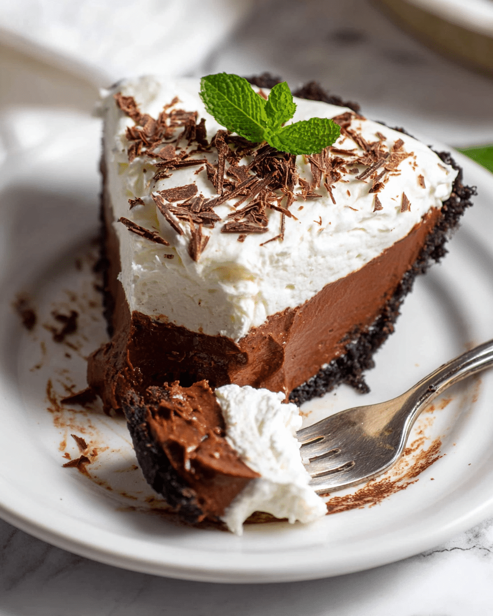 A slice of rich chocolate pie sits on a white plate over a white marbled surface, showing three clear layers: a dark, dense chocolate crust at the bottom, a thick and smooth chocolate filling in the middle, and a fluffy white whipped cream topping. The whipped cream is decorated with fine chocolate shavings scattered on top and a fresh green mint leaf placed near the center. A fork rests on the plate holding a bite-sized piece of the pie, with visible layers matching the main slice. Photo taken with an iphone --ar 4:5 --v 7