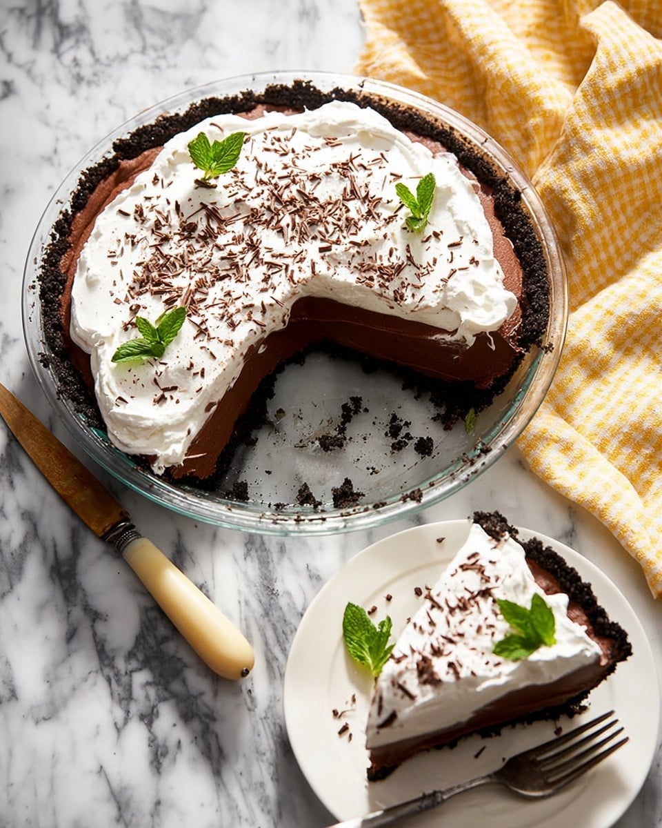 A round chocolate cream pie is shown in a clear glass pie dish on a white marbled surface, with a slice missing. The pie has three clear layers: the bottom crust is dark and crumbly, the middle layer is smooth and rich chocolate cream with a deep brown color, and the top layer is thick, white whipped cream sprinkled with fine chocolate shavings and garnished with two fresh green mint leaves on one side. Nearby, a white plate holds the missing pie slice, showing all three layers; the slice is topped with whipped cream and mint, with a silver fork resting on the plate. A knife with a light wooden handle lies beside the pie dish, and a yellow and white checkered cloth is partially visible in the top right corner. photo taken with an iphone --ar 4:5 --v 7