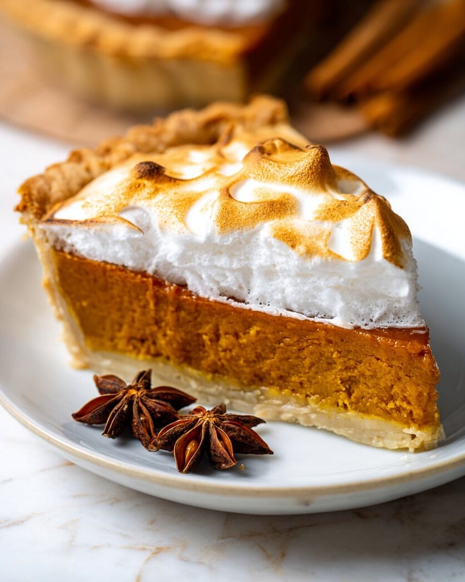 A single slice of pumpkin pie is shown on a white plate with a white marbled textured surface underneath. The pie has three visible layers: a thick, flaky pale golden crust at the bottom and around the edges; a thick, smooth, deep orange pumpkin filling with a slightly porous texture in the middle; and a generous dollop of toasted meringue cream on top with creamy white peaks browned with golden edges. Two whole star anise spices sit beside the slice, adding detail to the scene. Photo taken with an iphone --ar 4:5 --v 7