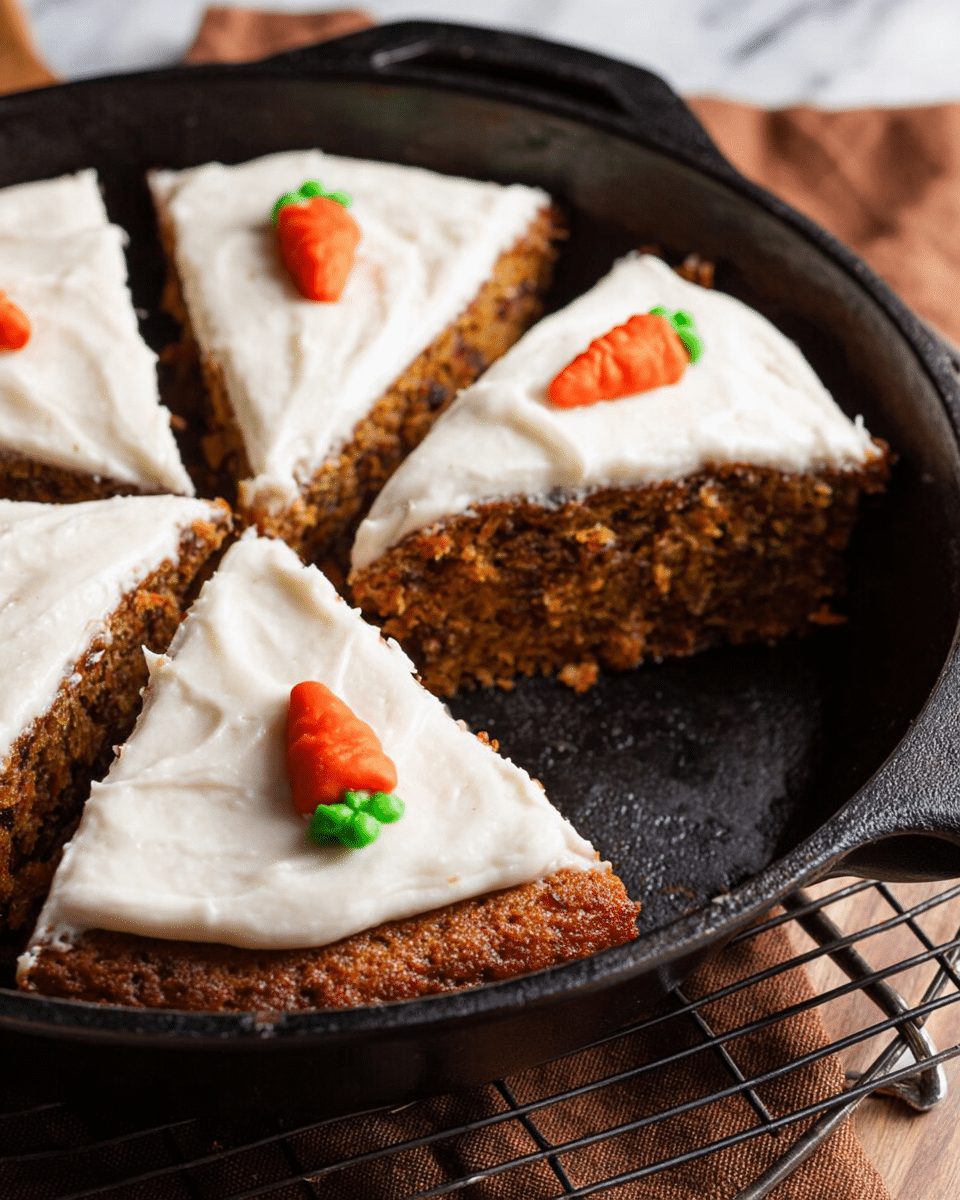 A round carrot cake baked in a black cast iron pan is sliced into four pieces. The cake has a dense, moist-looking brown crumb layer with visible texture. On top, there is a smooth, thick layer of white cream cheese frosting with subtle swirls. Each slice is decorated with a small red-orange carrot shape and a tiny green leaf made of icing placed near the top center. The pan sits on a brown cloth and a wire rack, but the surface is replaced by a white marbled texture. photo taken with an iphone --ar 4:5 --v 7