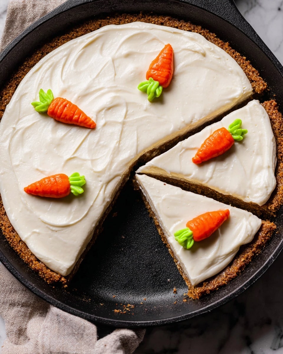 This image shows a round pie in a black cast iron pan with a thick textured brown crust layer at the bottom. Above the crust is a smooth, creamy white frosting layer that covers the whole pie evenly with soft swirls on the surface. The pie is cut into triangular slices, with three slices visible, each topped with small dollops of bright orange and green frosting shaped like carrots. The pan rests on a white marbled surface with a soft cloth partially under it. Photo taken with an iphone --ar 4:5 --v 7